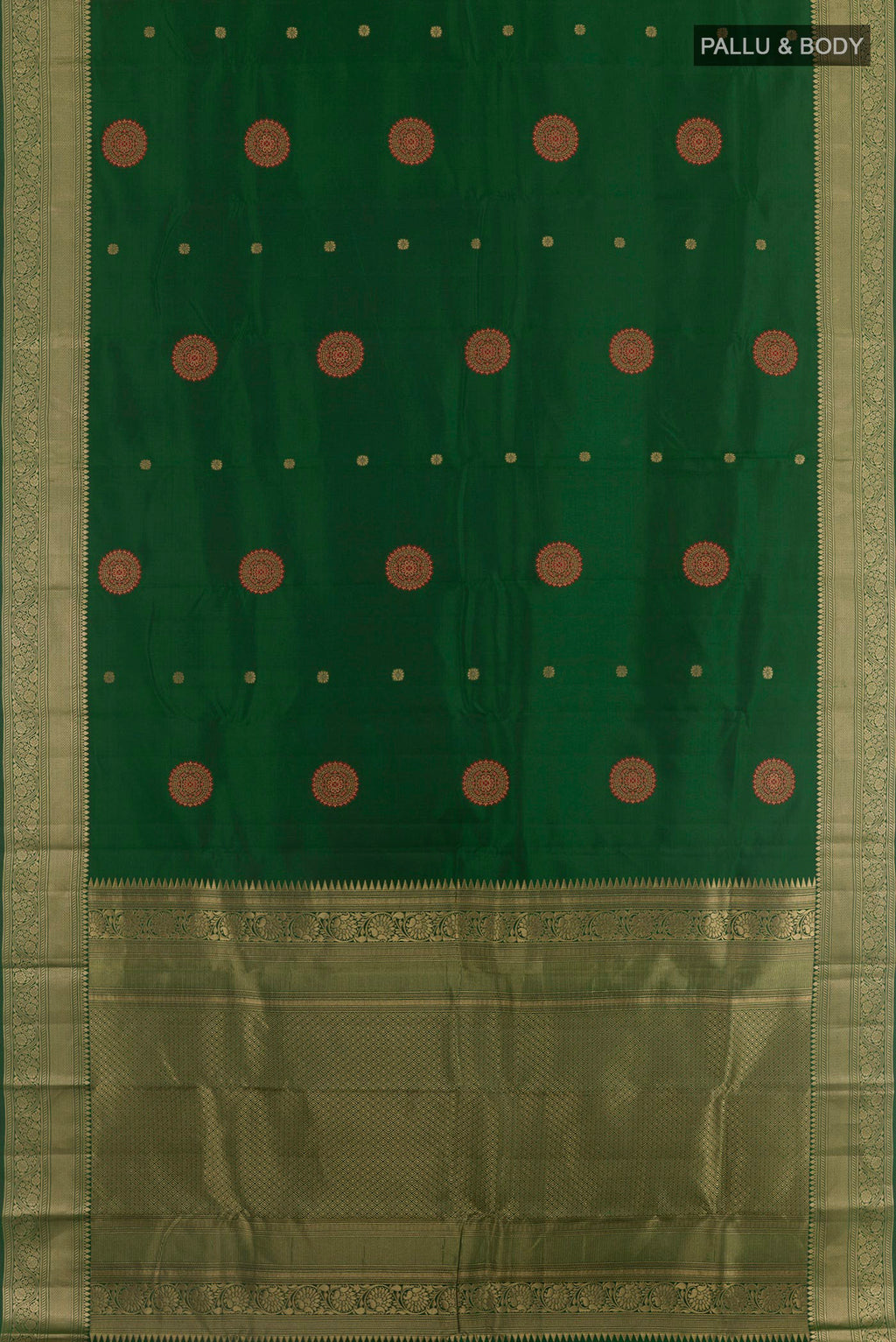 Flat view of Green Kanchipuram Silk Saree with Zari Butta on the body and Zari Border. 