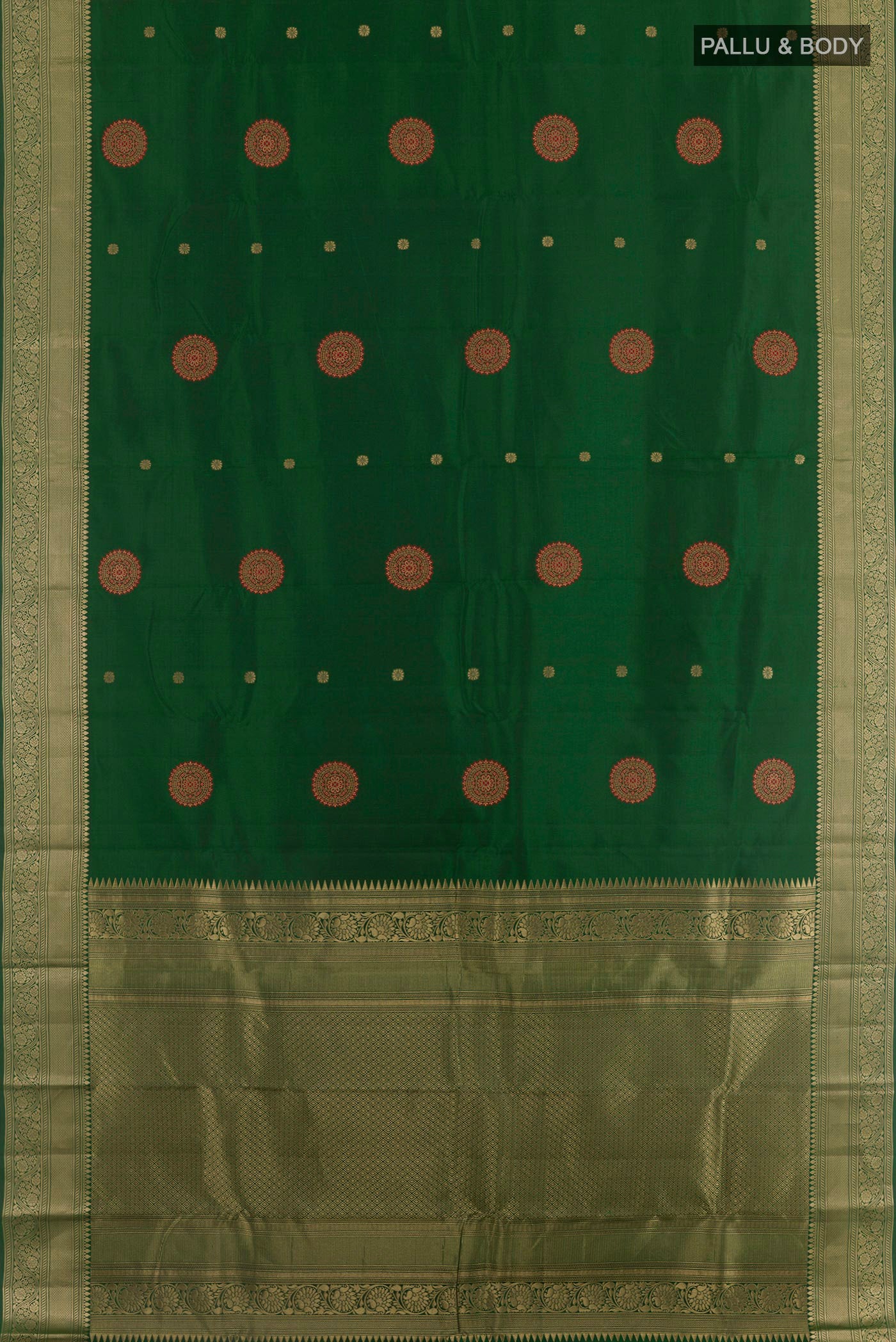 Flat view of Green Kanchipuram Silk Saree with Zari Butta on the body and Zari Border. 