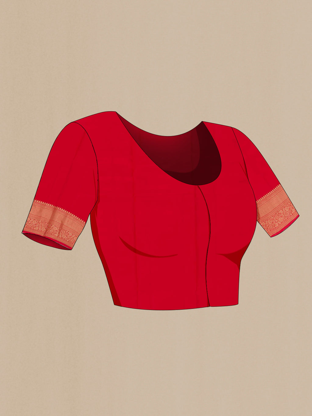 Close up image of the blouse of Red Kanchipuram Silk Saree with Zari Butta on the body and Zari Border. 