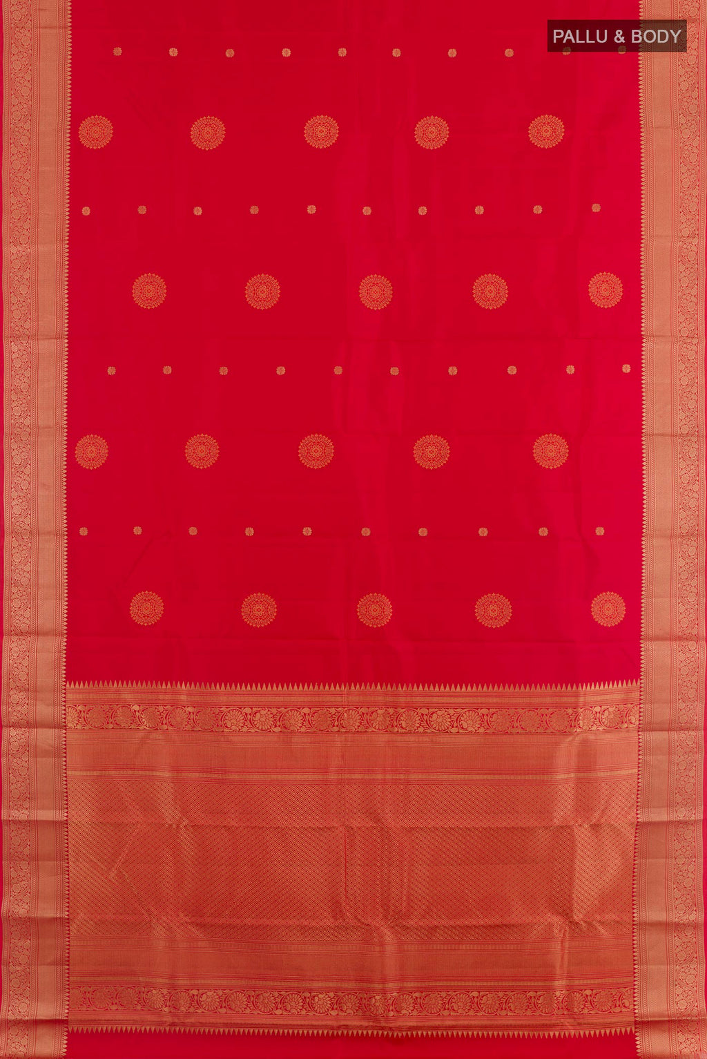 Flat view of Red Kanchipuram Silk Saree with Zari Butta on the body and Zari Border. 