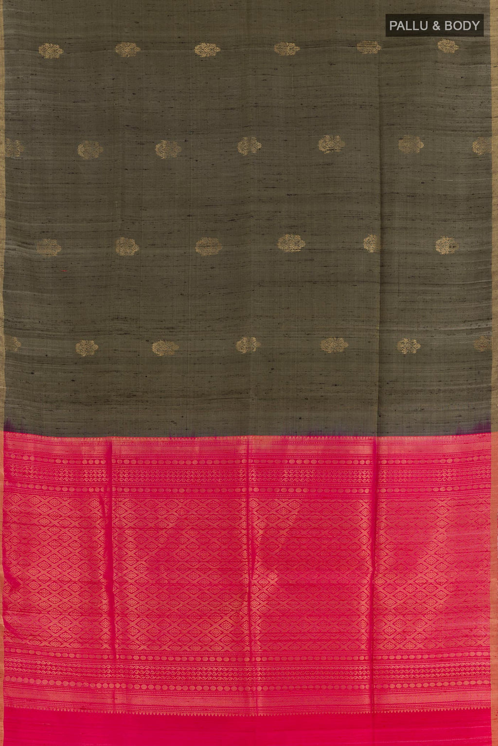 Flat view of Grey Raw Silk Saree with Zari Butta on the body and Zari Border. 