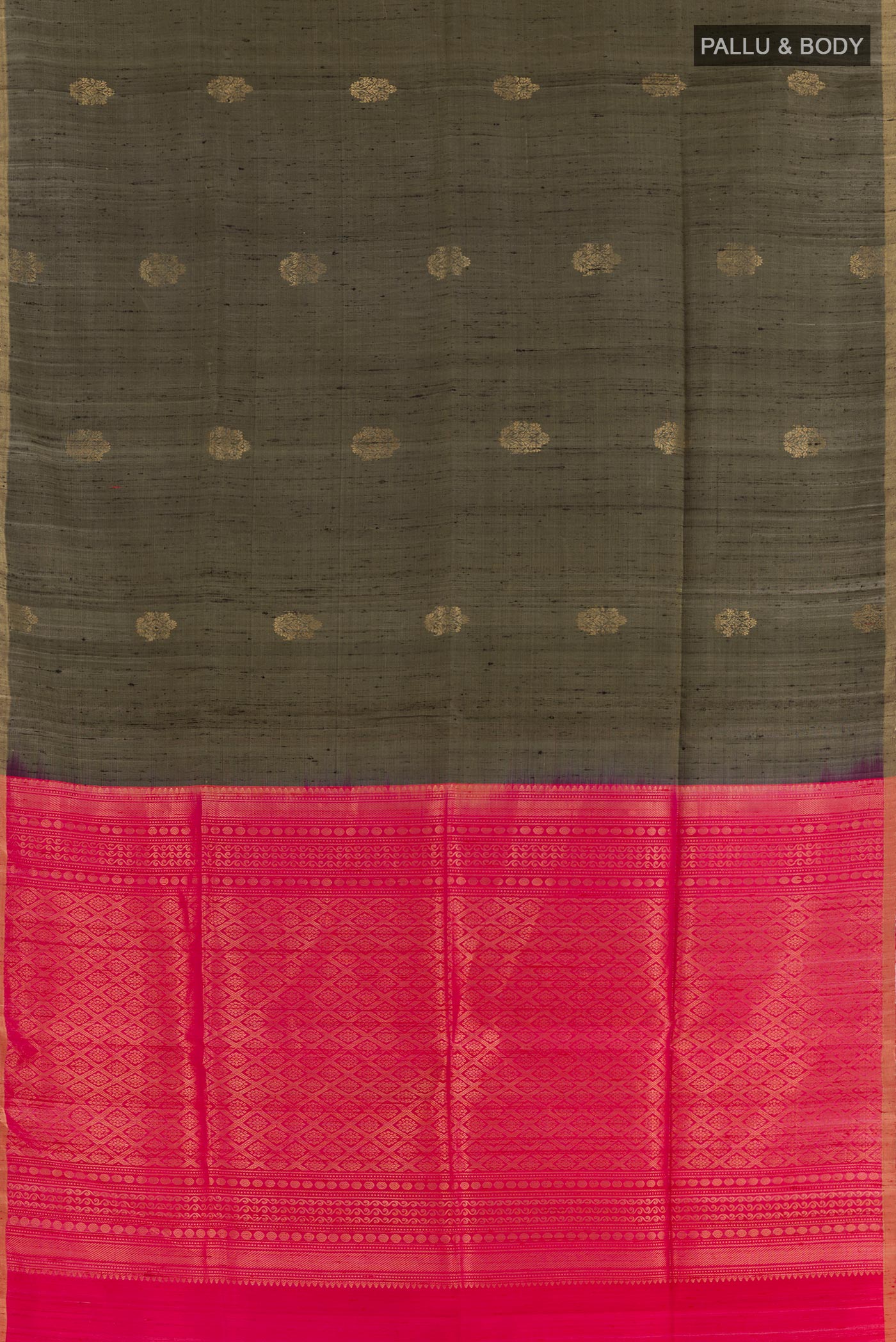 Flat view of Grey Raw Silk Saree with Zari Butta on the body and Zari Border. 
