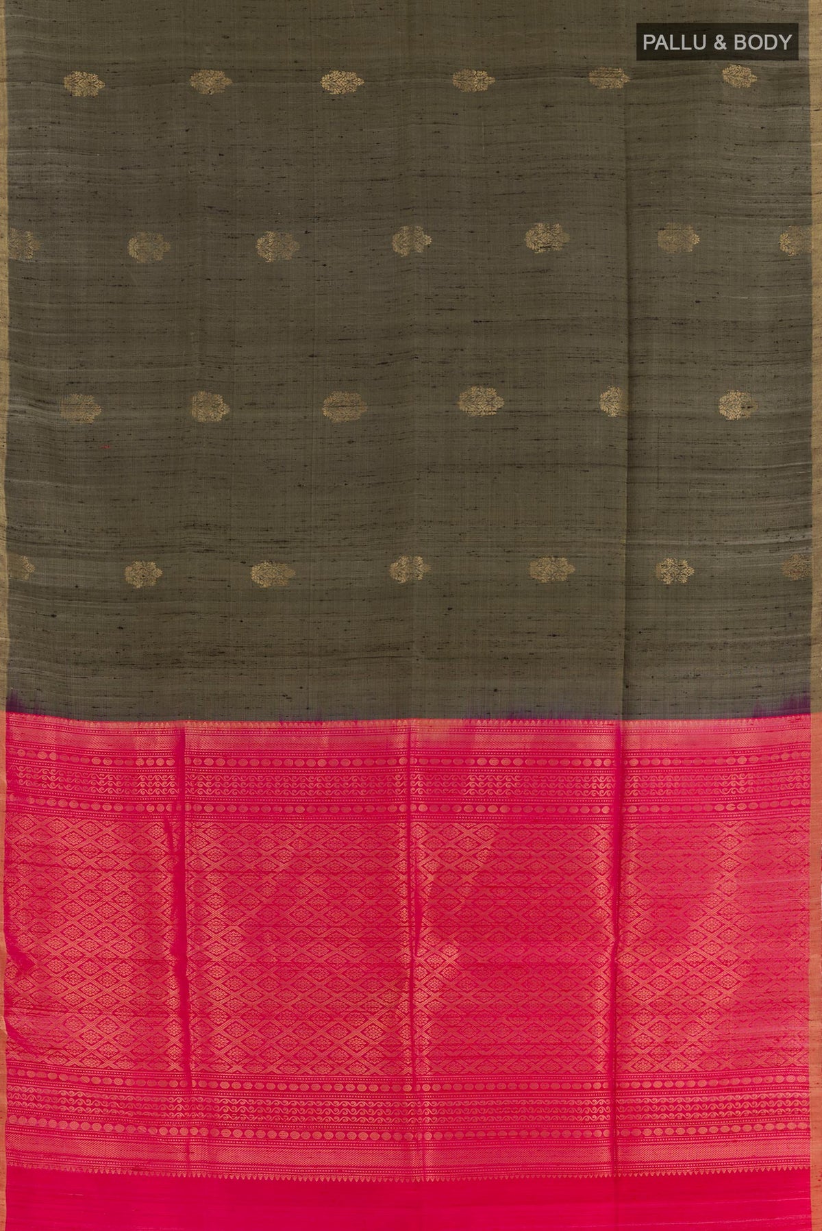 Flat view of Grey Raw Silk Saree with Zari Butta on the body and Zari Border. 