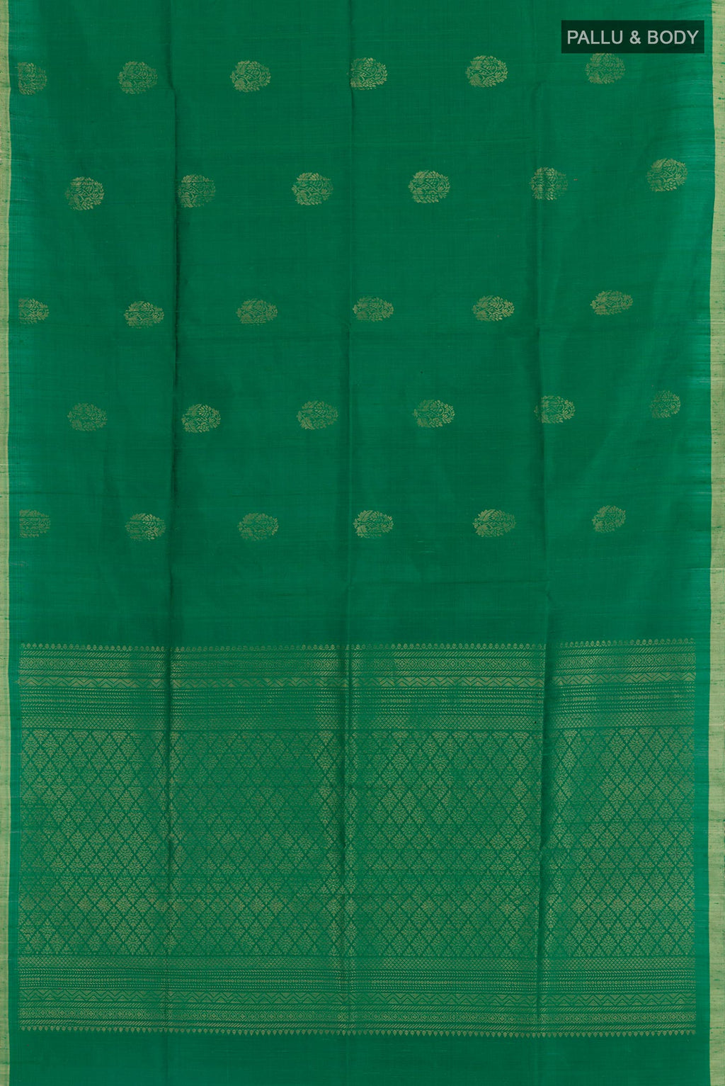 Flat view of Green Raw Silk Saree with Zari Butta on the body and Zari Border. 