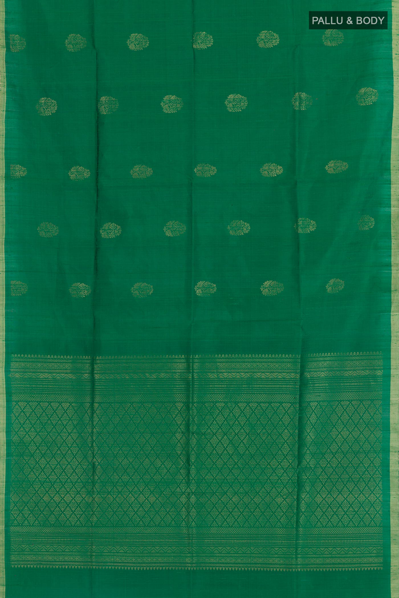 Flat view of Green Raw Silk Saree with Zari Butta on the body and Zari Border. 