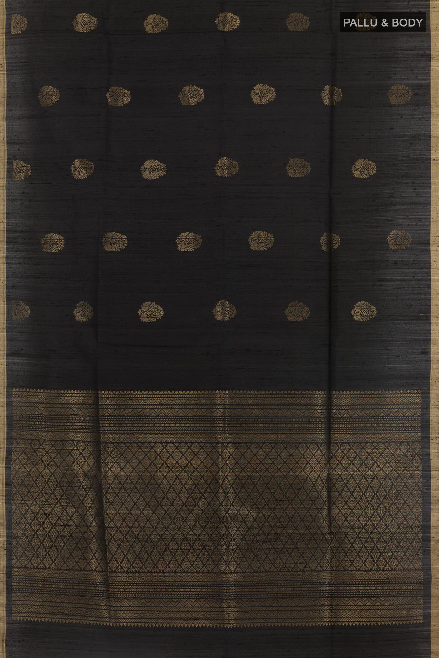 Flat view of Black Raw Silk Saree with Zari Butta on the body and Zari Border. 