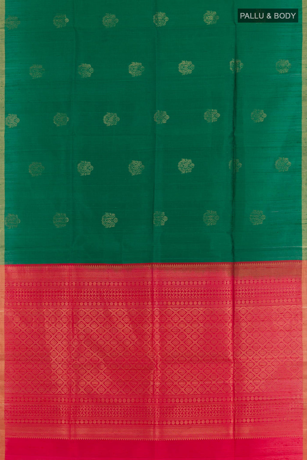 Flat view of Green Raw Silk Saree with Zari Butta on the body and Zari Border. 
