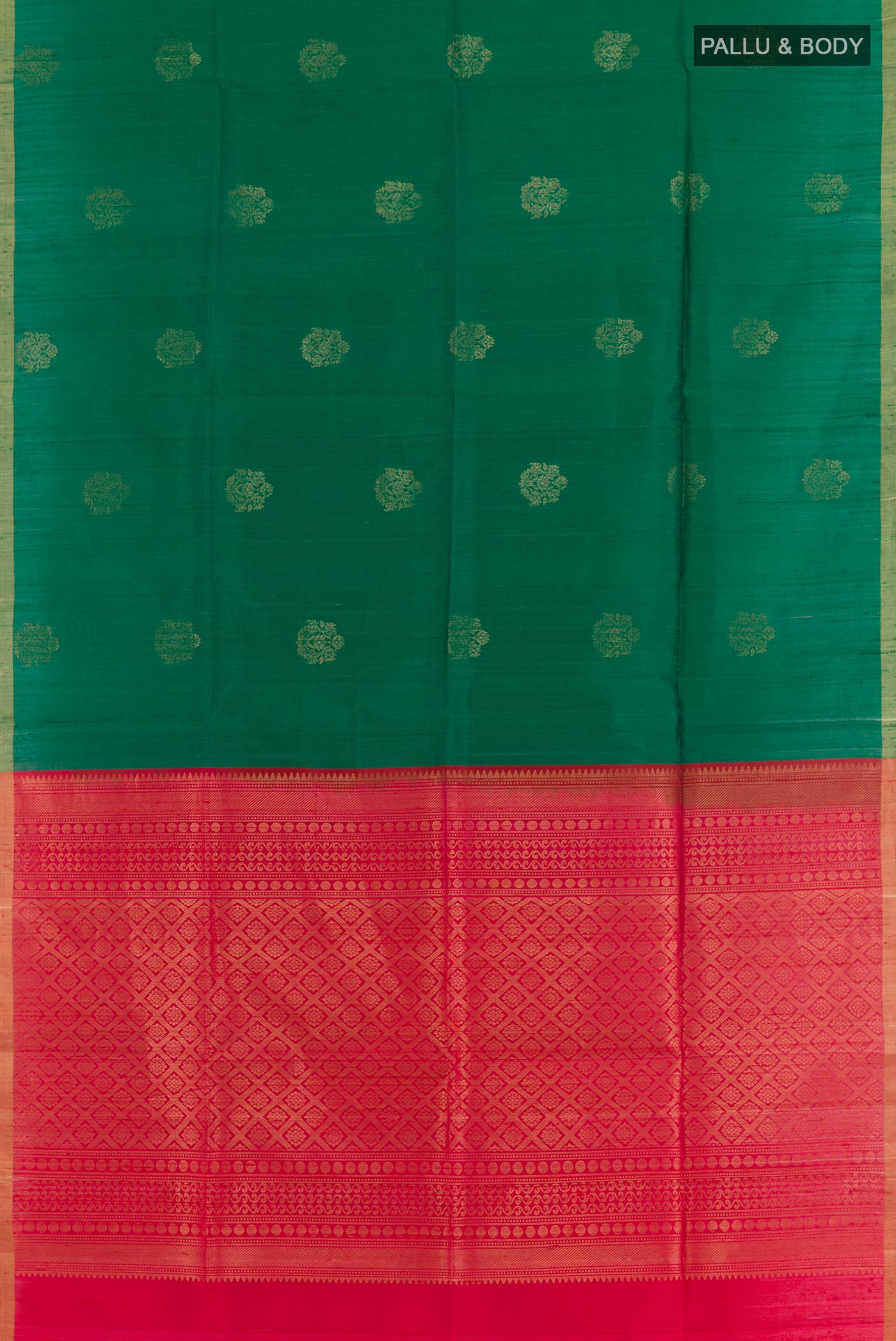 Flat view of Green Raw Silk Saree with Zari Butta on the body and Zari Border. 