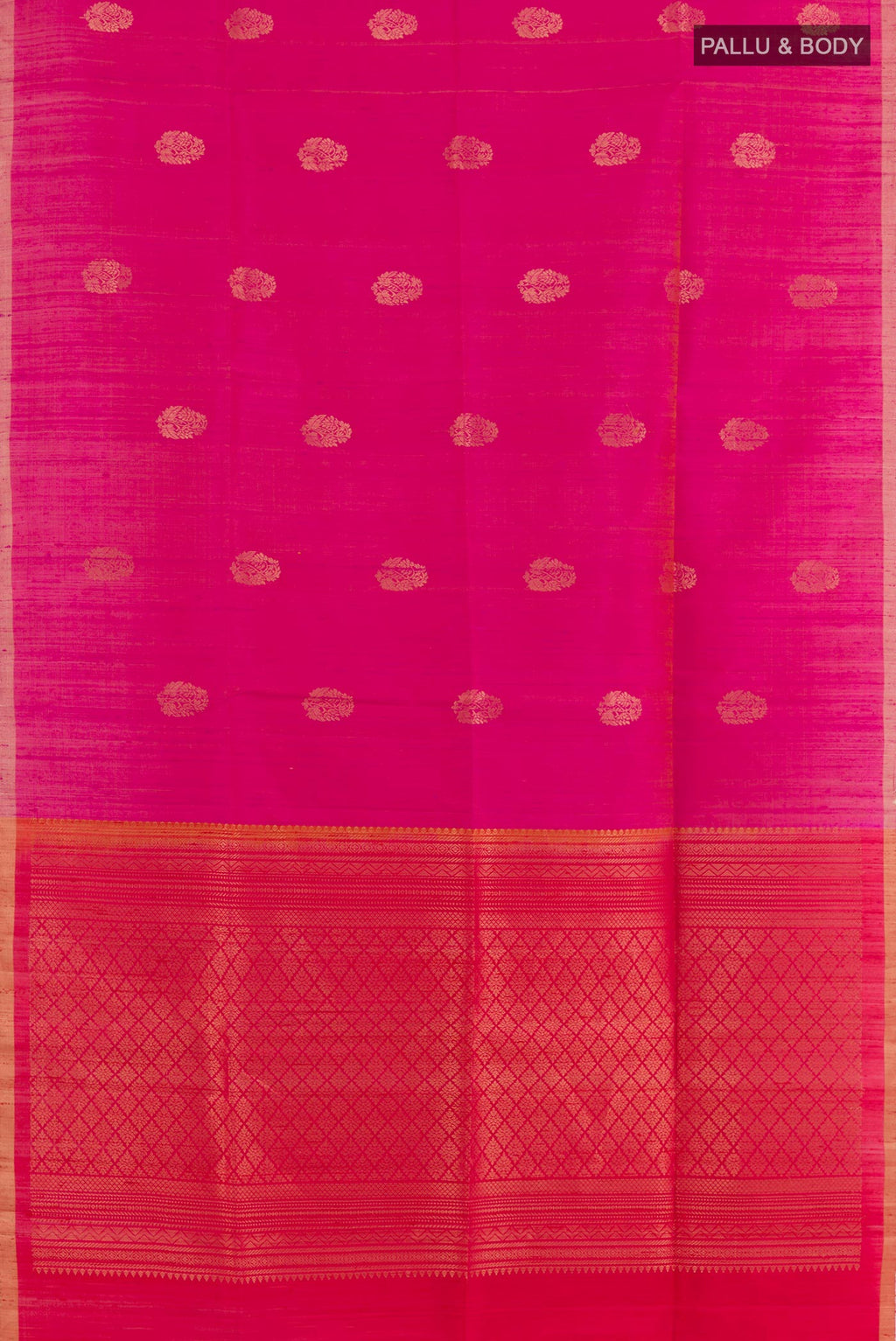 Flat view of Pink Raw Silk Saree with Zari Butta on the body and Zari Border. 