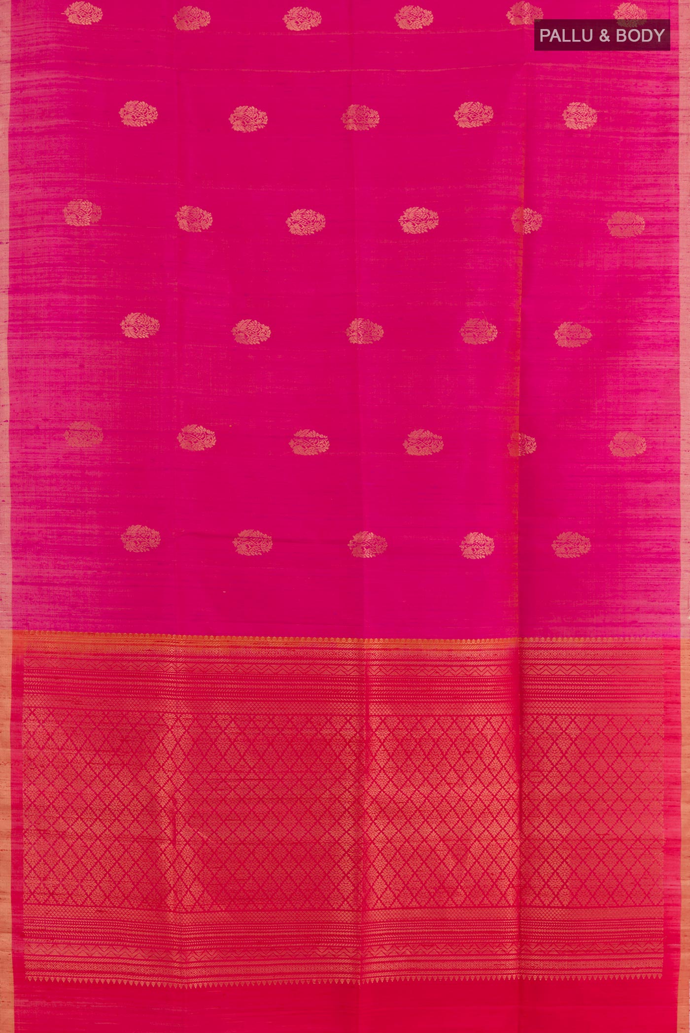 Flat view of Pink Raw Silk Saree with Zari Butta on the body and Zari Border. 