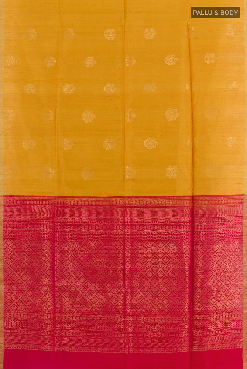 Flat view of Yellow Raw Silk Saree with Zari Butta on the body and Zari Border. 