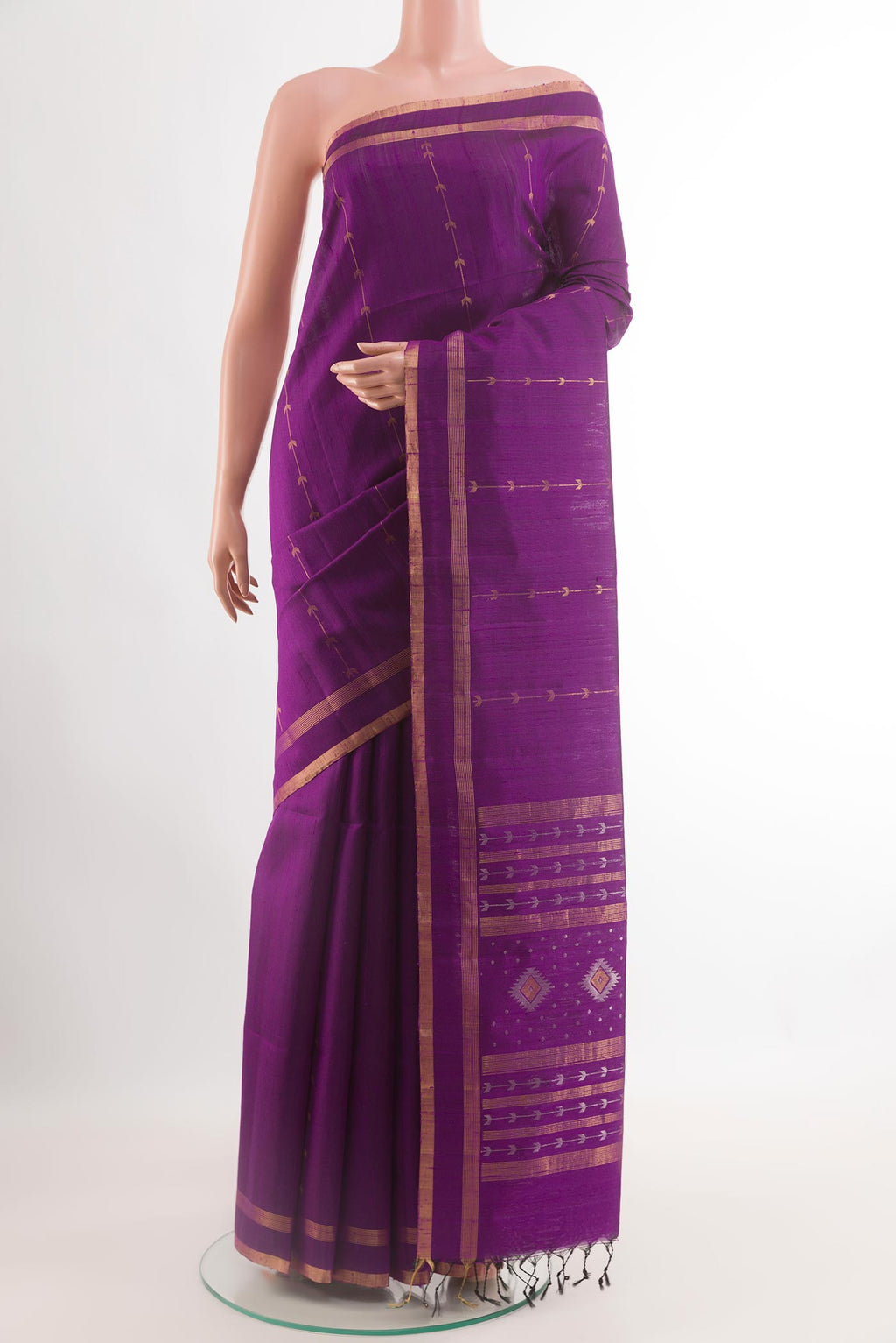 Purple Raw Silk Saree with Zari Butta on the body and Zari Border.  displayed on a mannequin