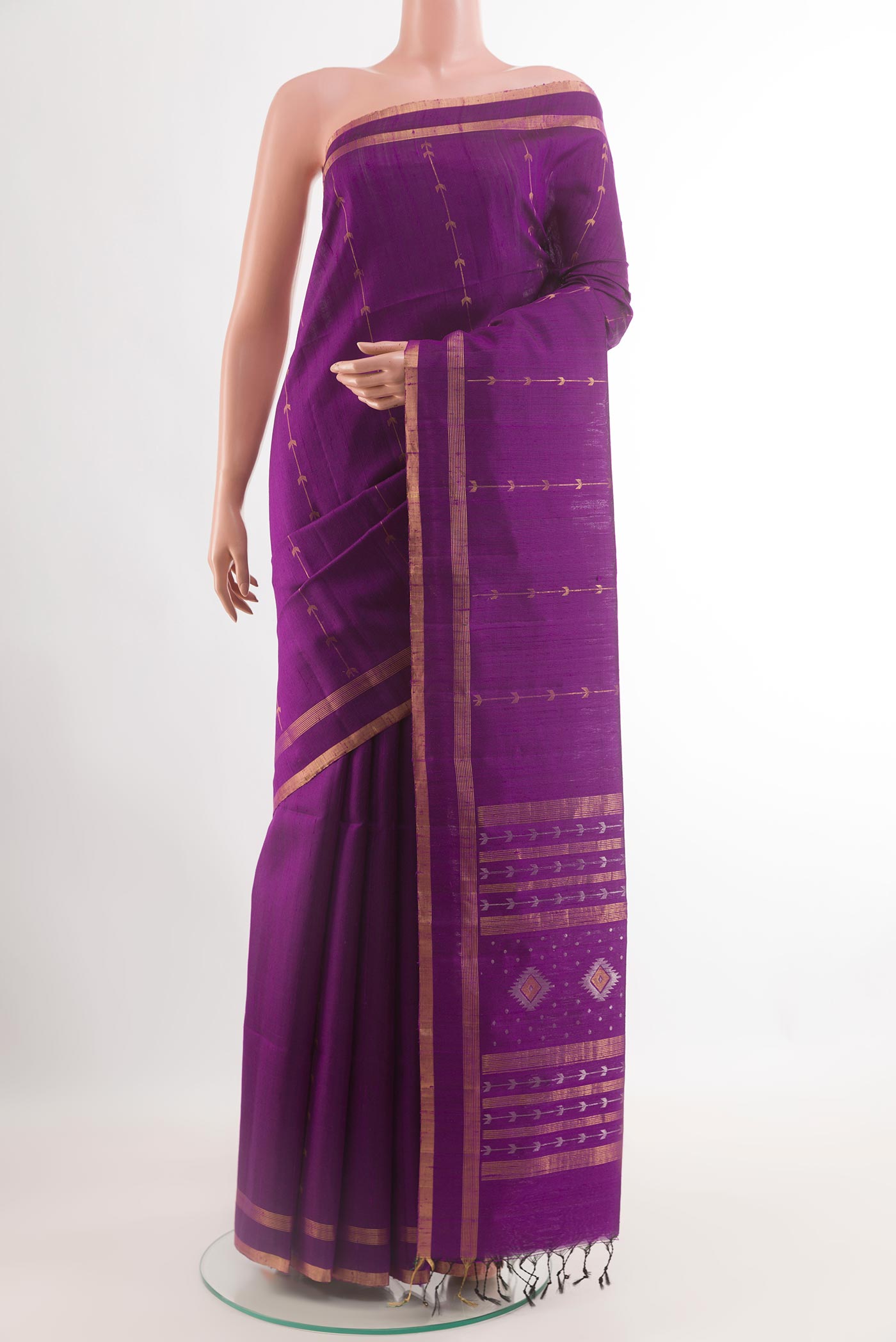 Purple Raw Silk Saree with Zari Butta on the body and Zari Border.  displayed on a mannequin