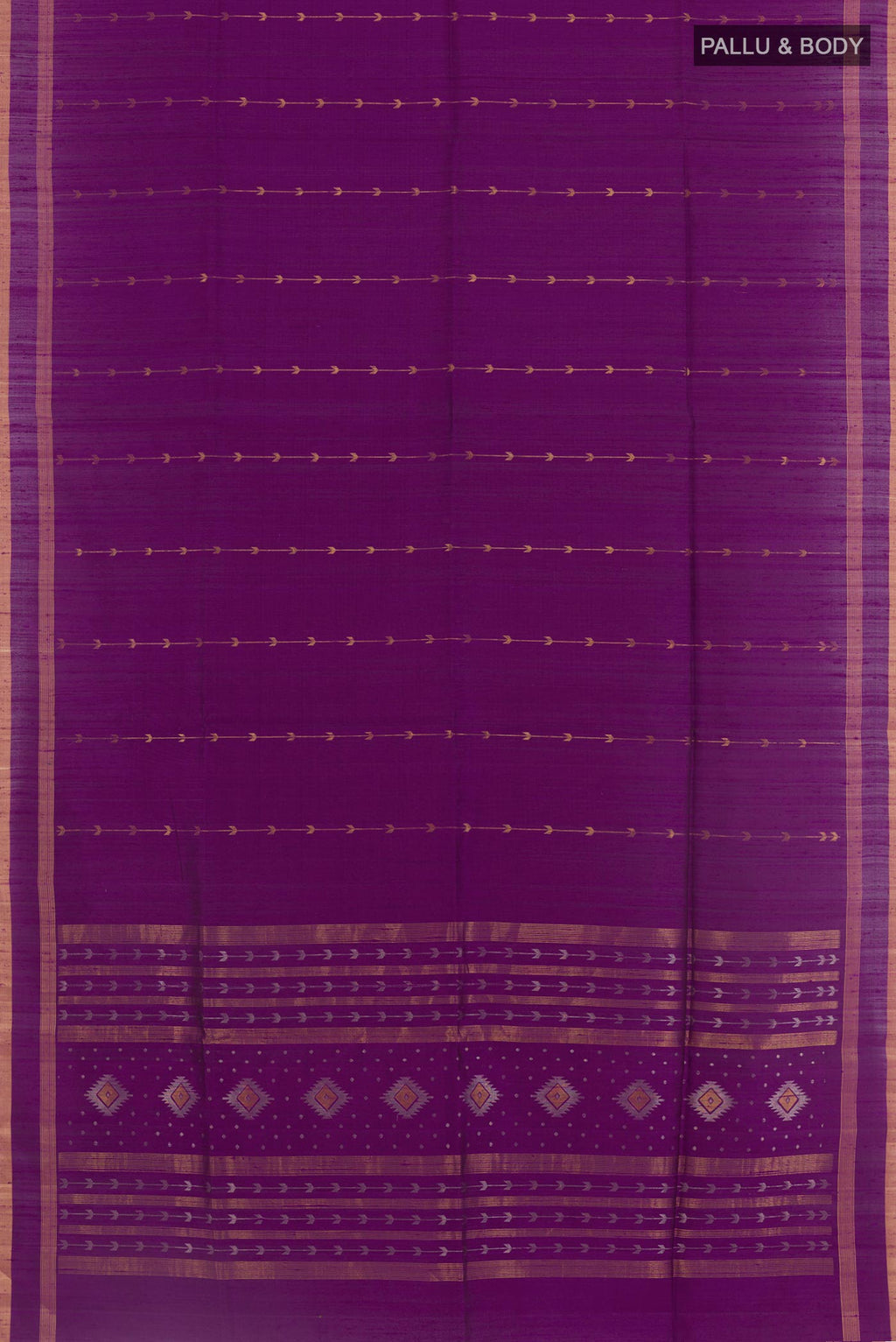 Flat view of Purple Raw Silk Saree with Zari Butta on the body and Zari Border. 
