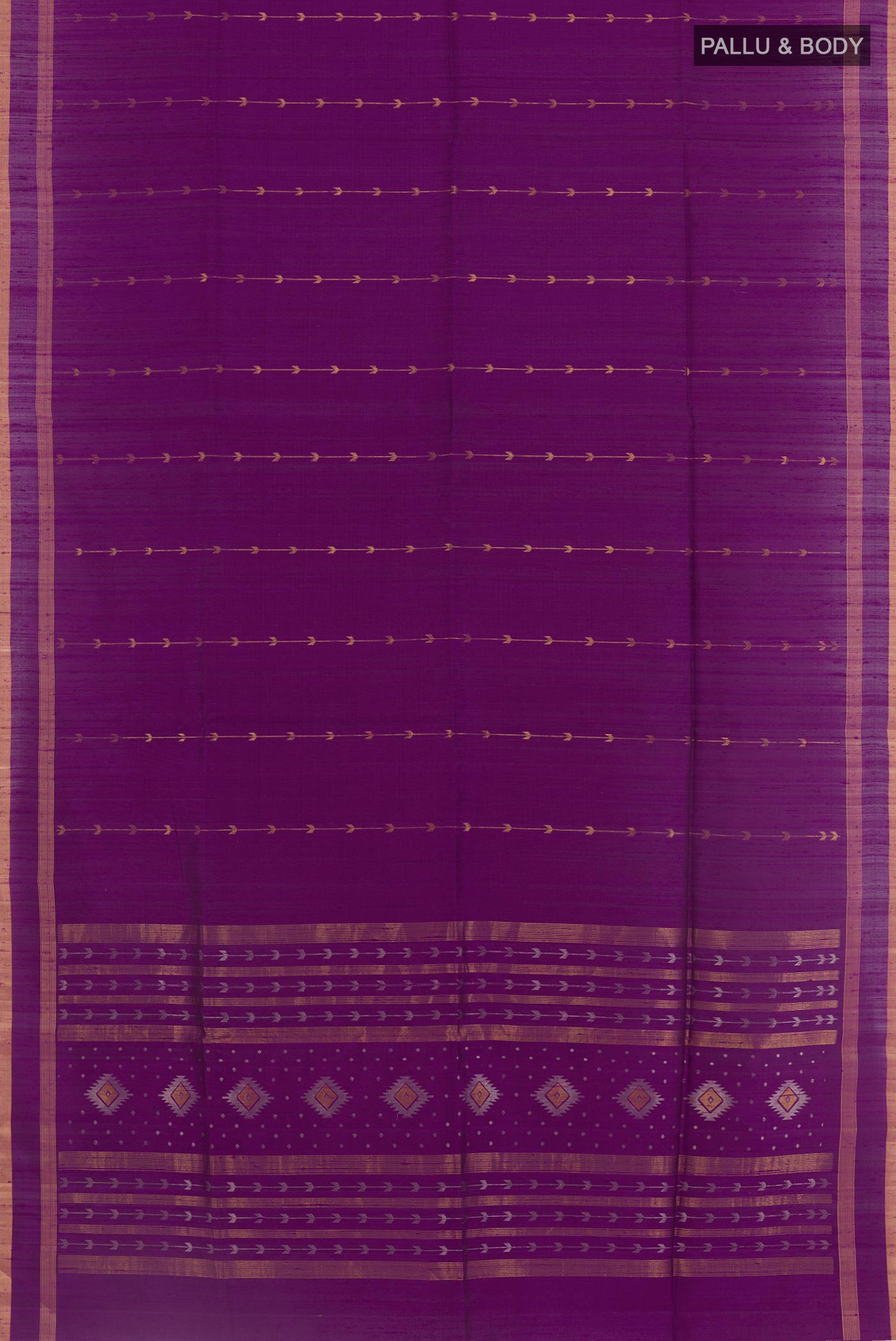 Flat view of Purple Raw Silk Saree with Zari Butta on the body and Zari Border. 