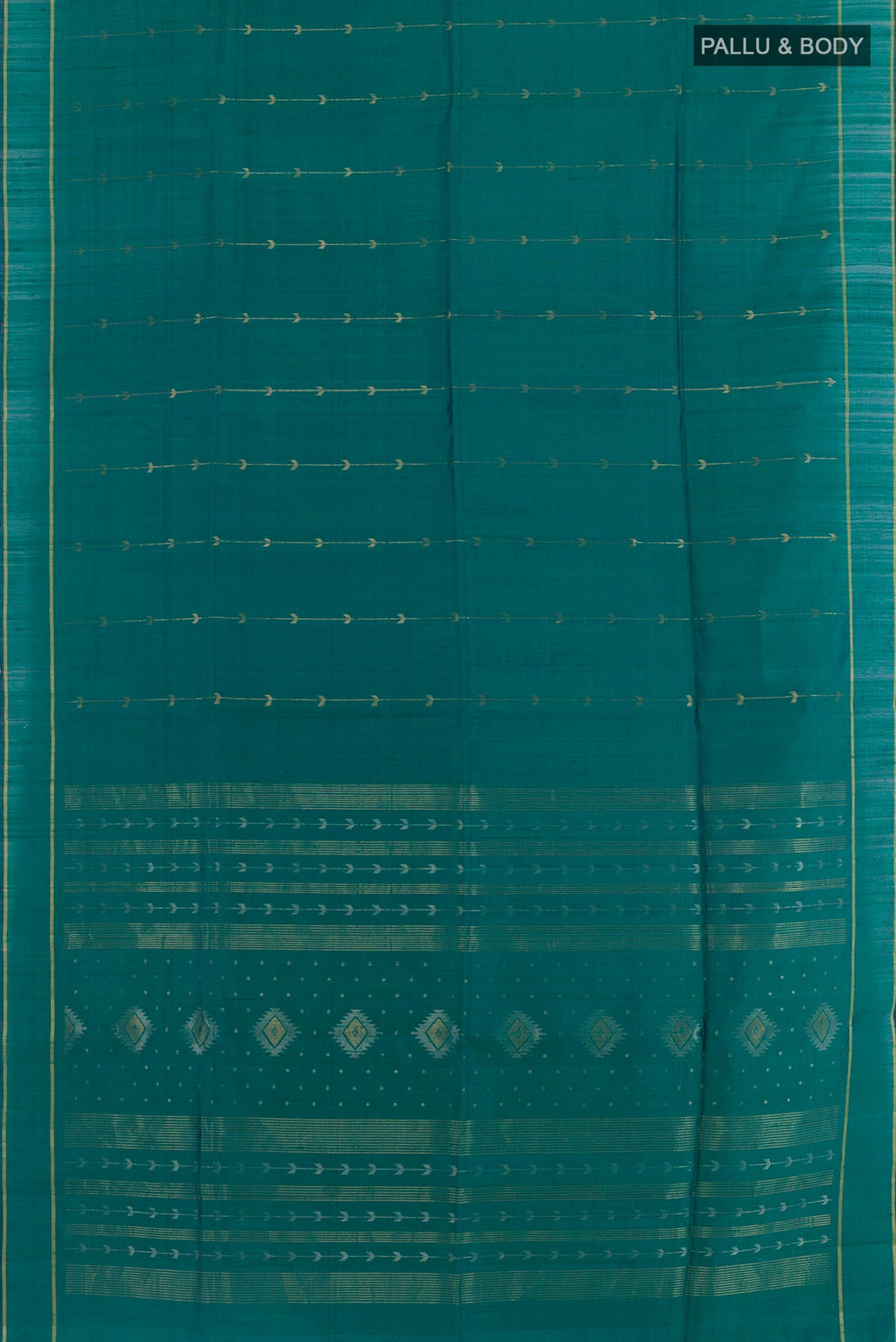 Flat view of Teal Raw Silk Saree with Zari Butta on the body and Zari Border. 