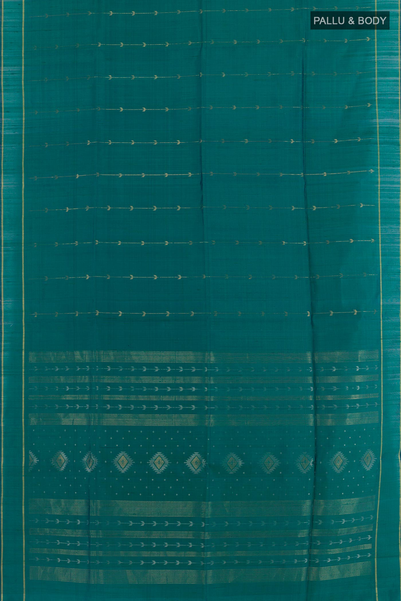 Flat view of Teal Raw Silk Saree with Zari Butta on the body and Zari Border. 