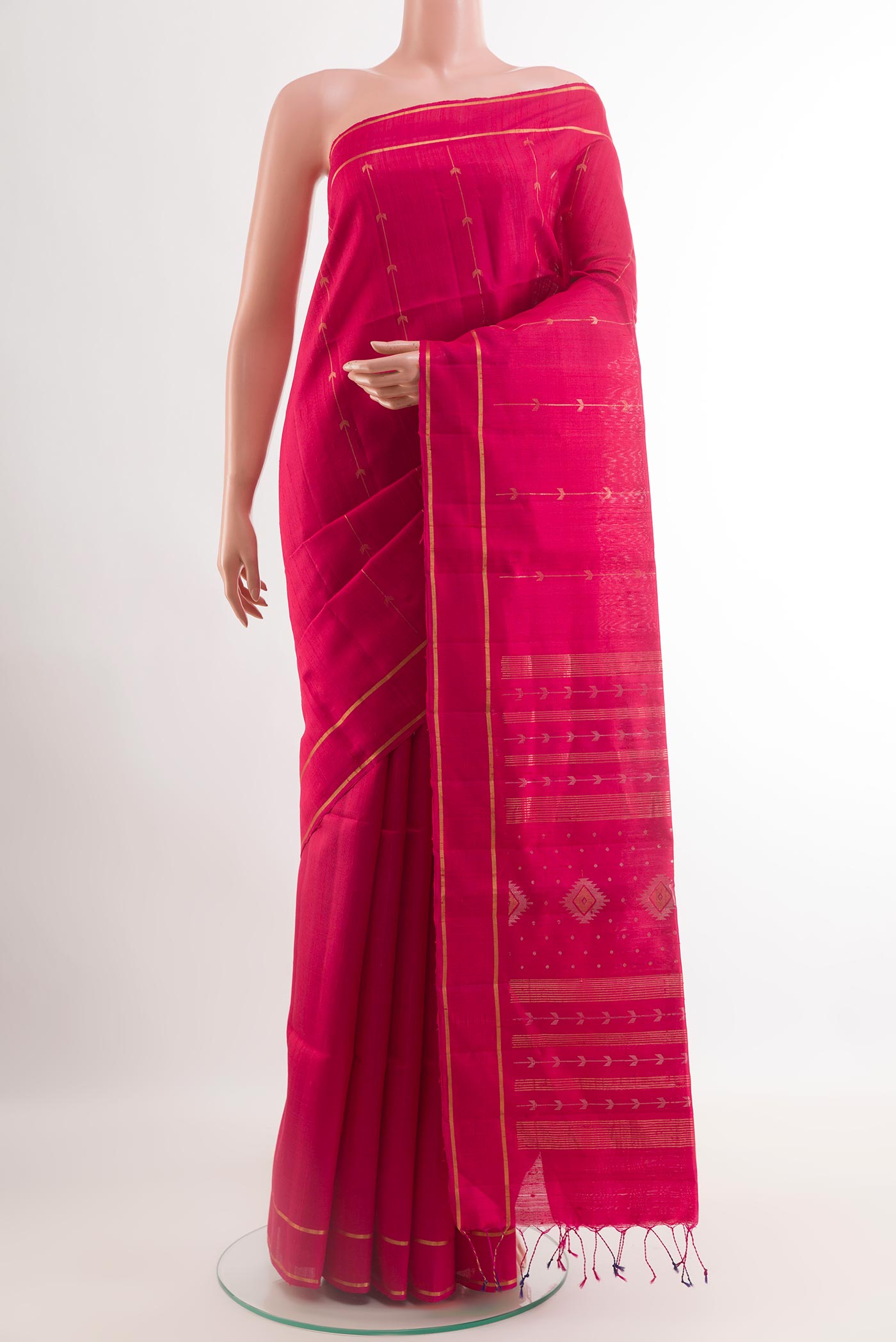 Red Raw Silk Saree with Zari Butta on the body and Zari Border.  displayed on a mannequin