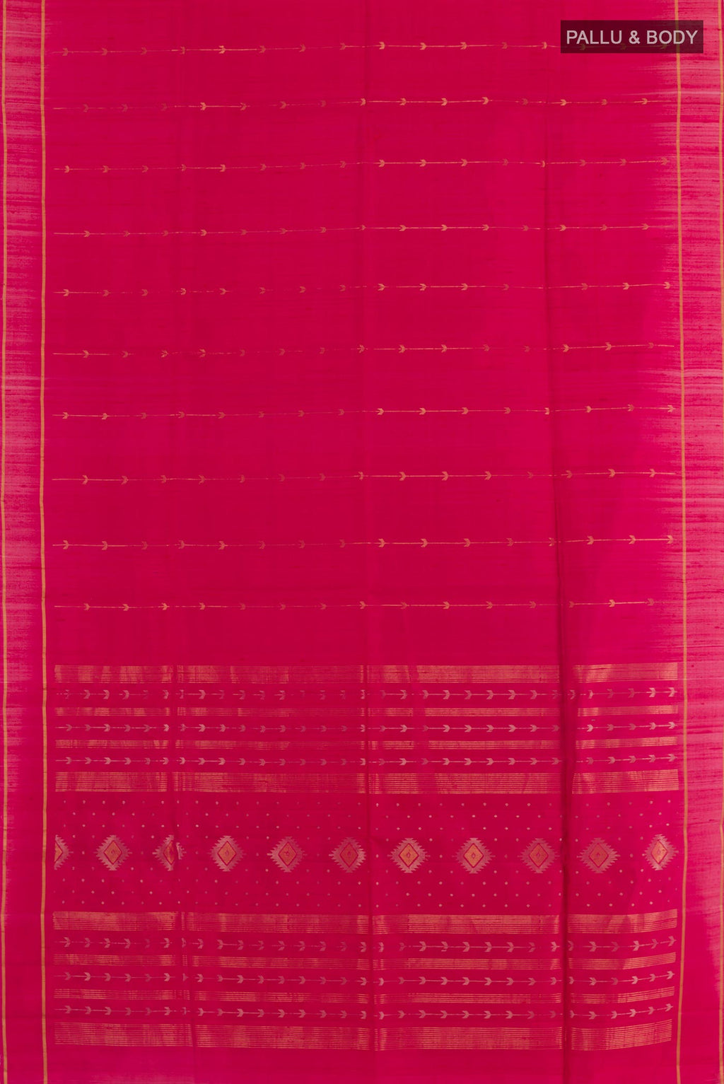 Flat view of Red Raw Silk Saree with Zari Butta on the body and Zari Border. 