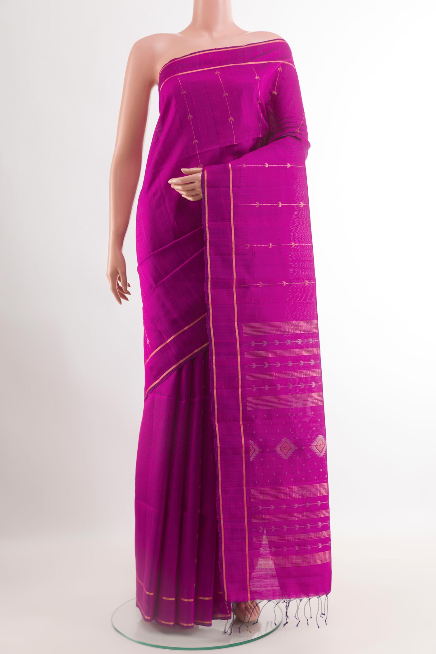 Purple Raw Silk Saree with Zari Butta on the body and Zari Border.  displayed on a mannequin