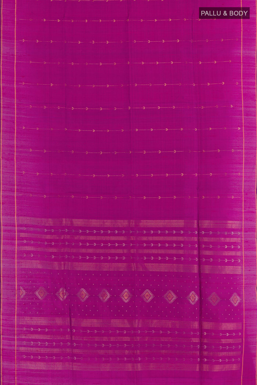 Flat view of Purple Raw Silk Saree with Zari Butta on the body and Zari Border. 