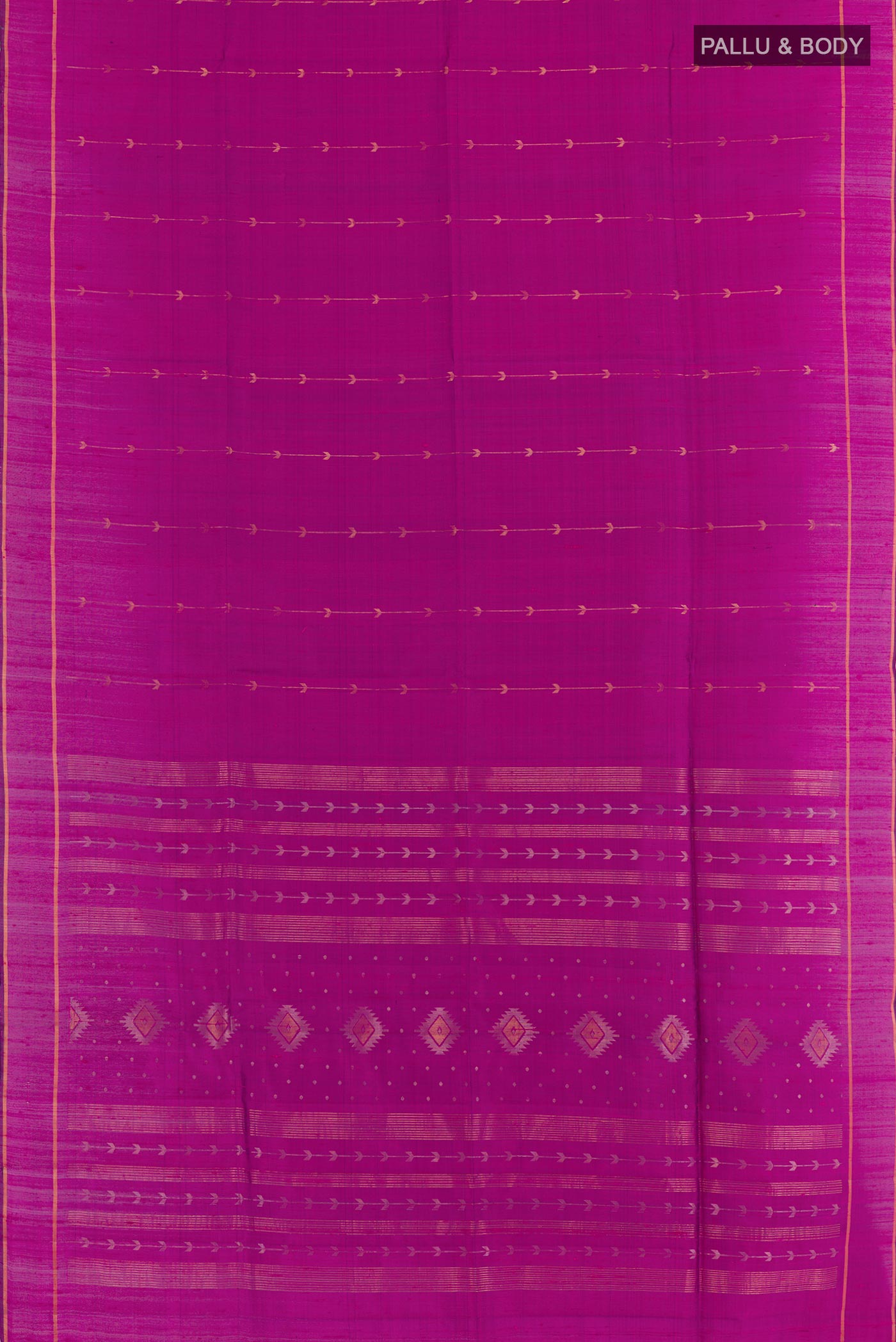 Flat view of Purple Raw Silk Saree with Zari Butta on the body and Zari Border. 