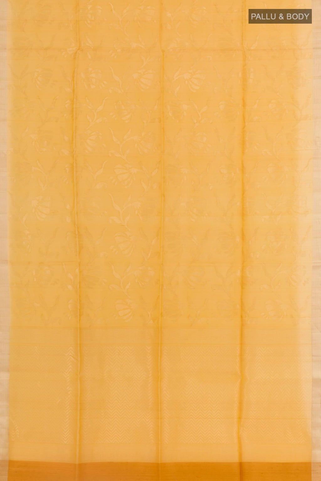 Flat view of Yellow Raw Silk Saree with Plain Body and Zari Border. 