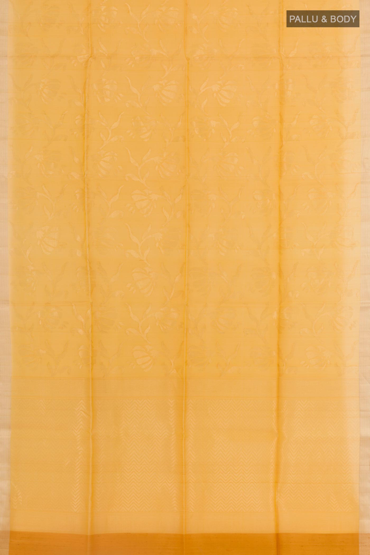 Flat view of Yellow Raw Silk Saree with Plain Body and Zari Border. 