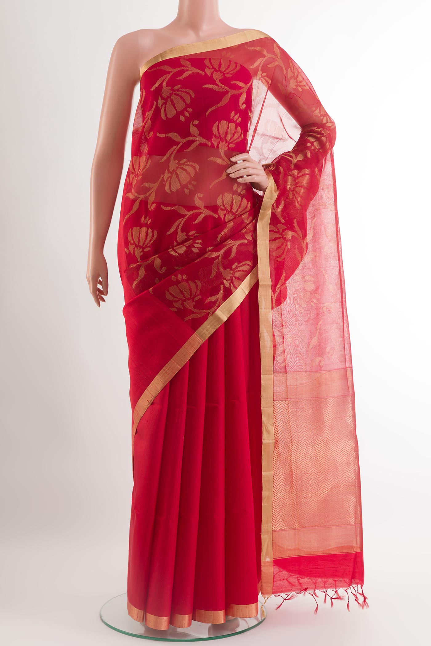 Red Raw Silk Saree with Plain Body and Zari Border.  displayed on a mannequin