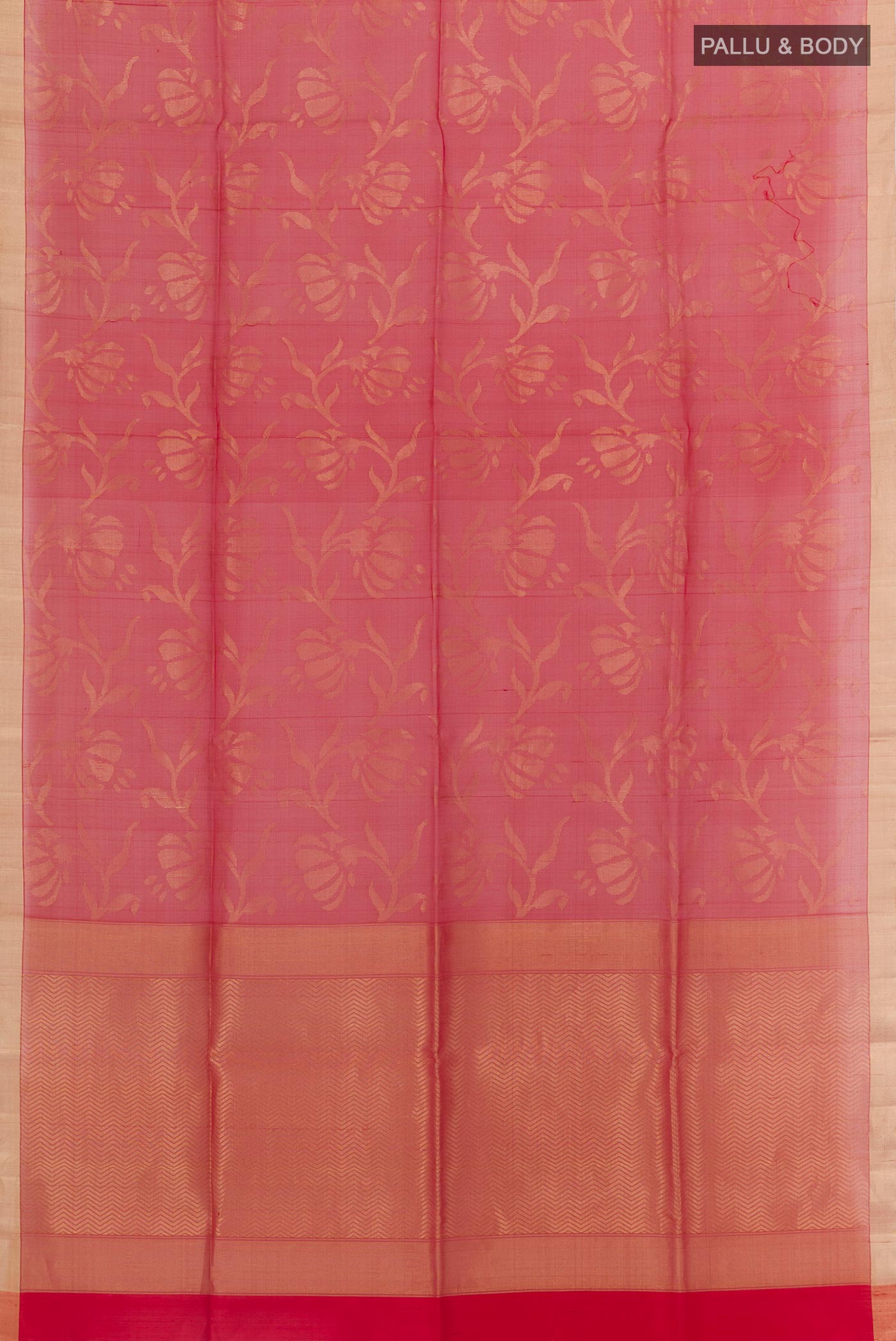 Flat view of Red Raw Silk Saree with Plain Body and Zari Border. 