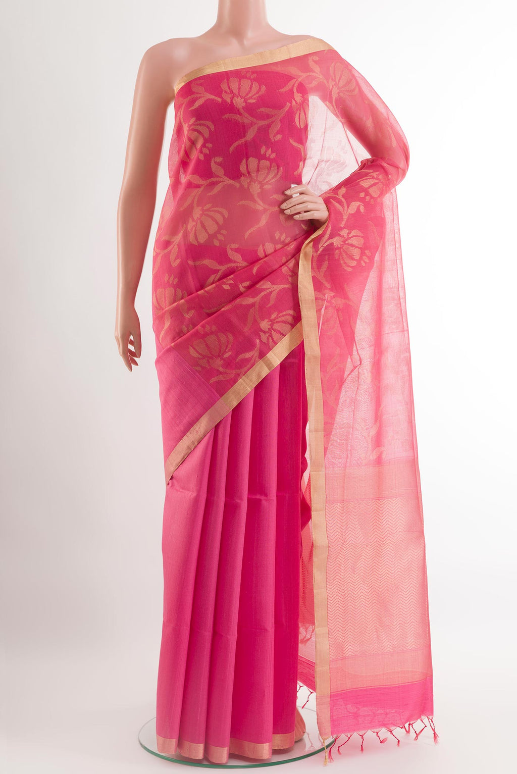 Pink Raw Silk Saree with Plain Body and Zari Border.  displayed on a mannequin