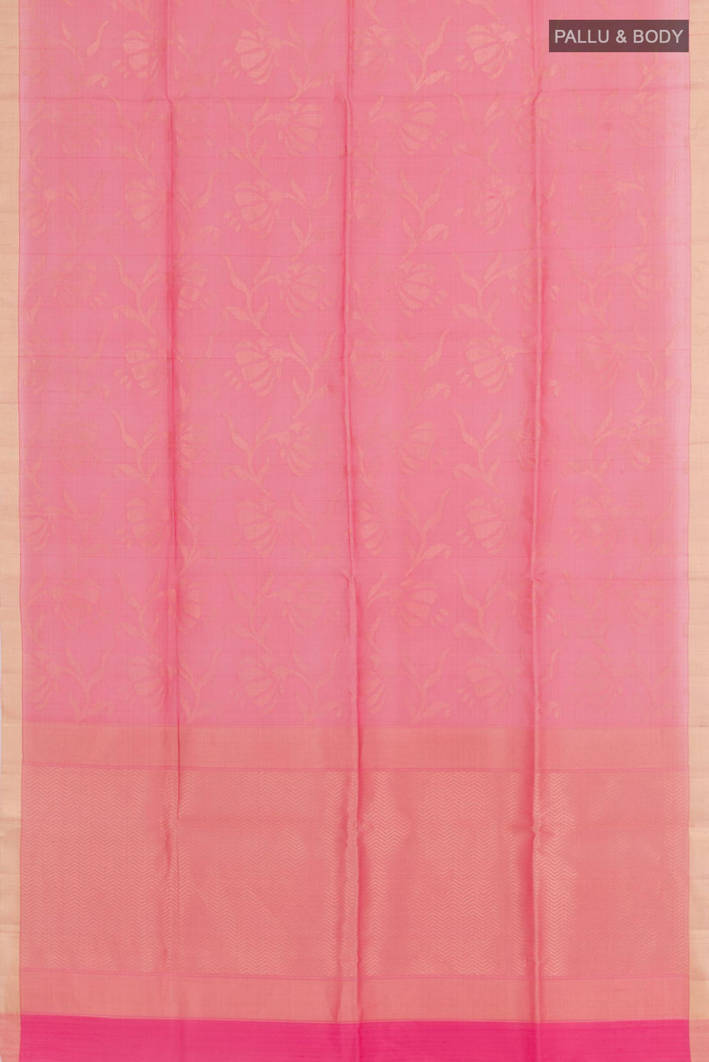 Flat view of Pink Raw Silk Saree with Plain Body and Zari Border. 