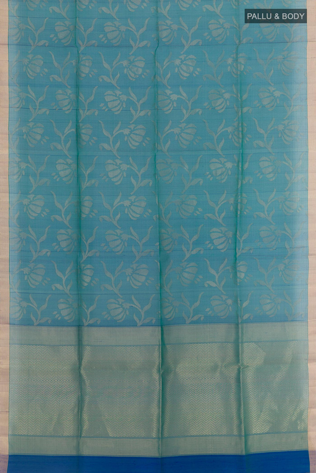 Flat view of Blue Raw Silk Saree with Plain Body and Zari Border. 