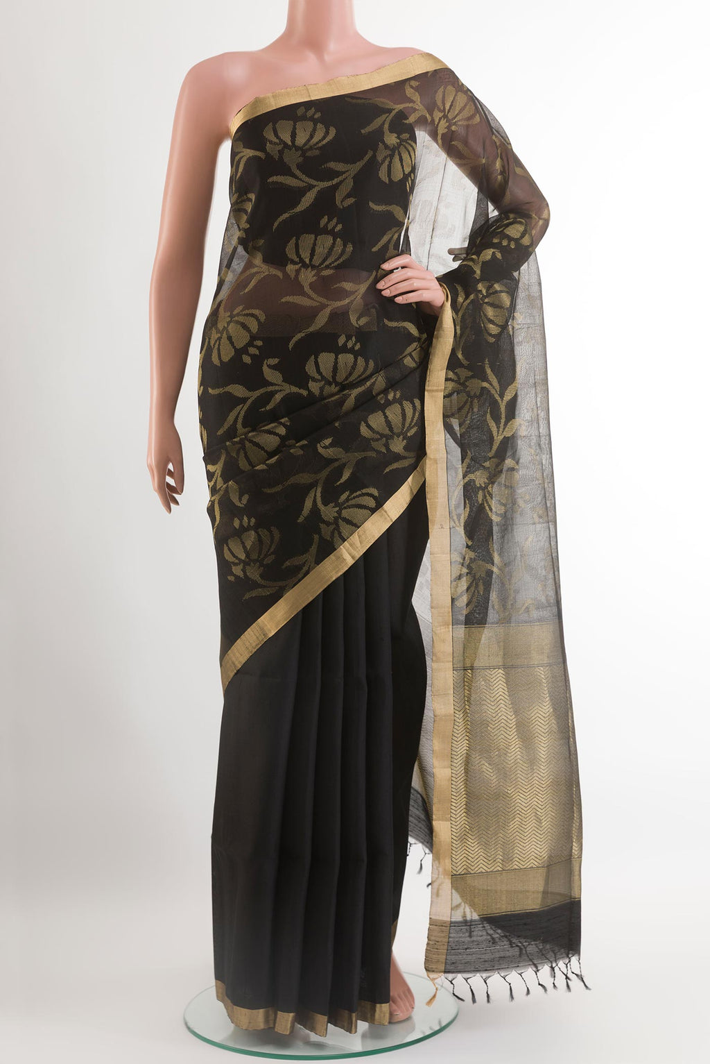 Black Raw Silk Saree with Plain Body and Zari Border.  displayed on a mannequin