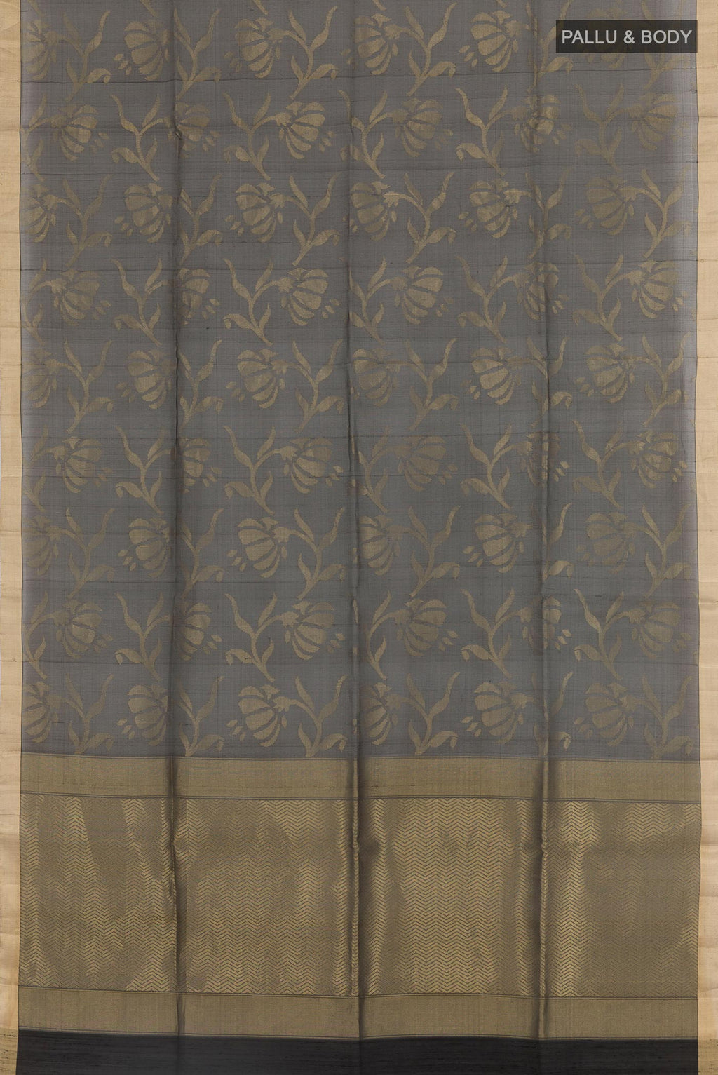 Flat view of Black Raw Silk Saree with Plain Body and Zari Border. 