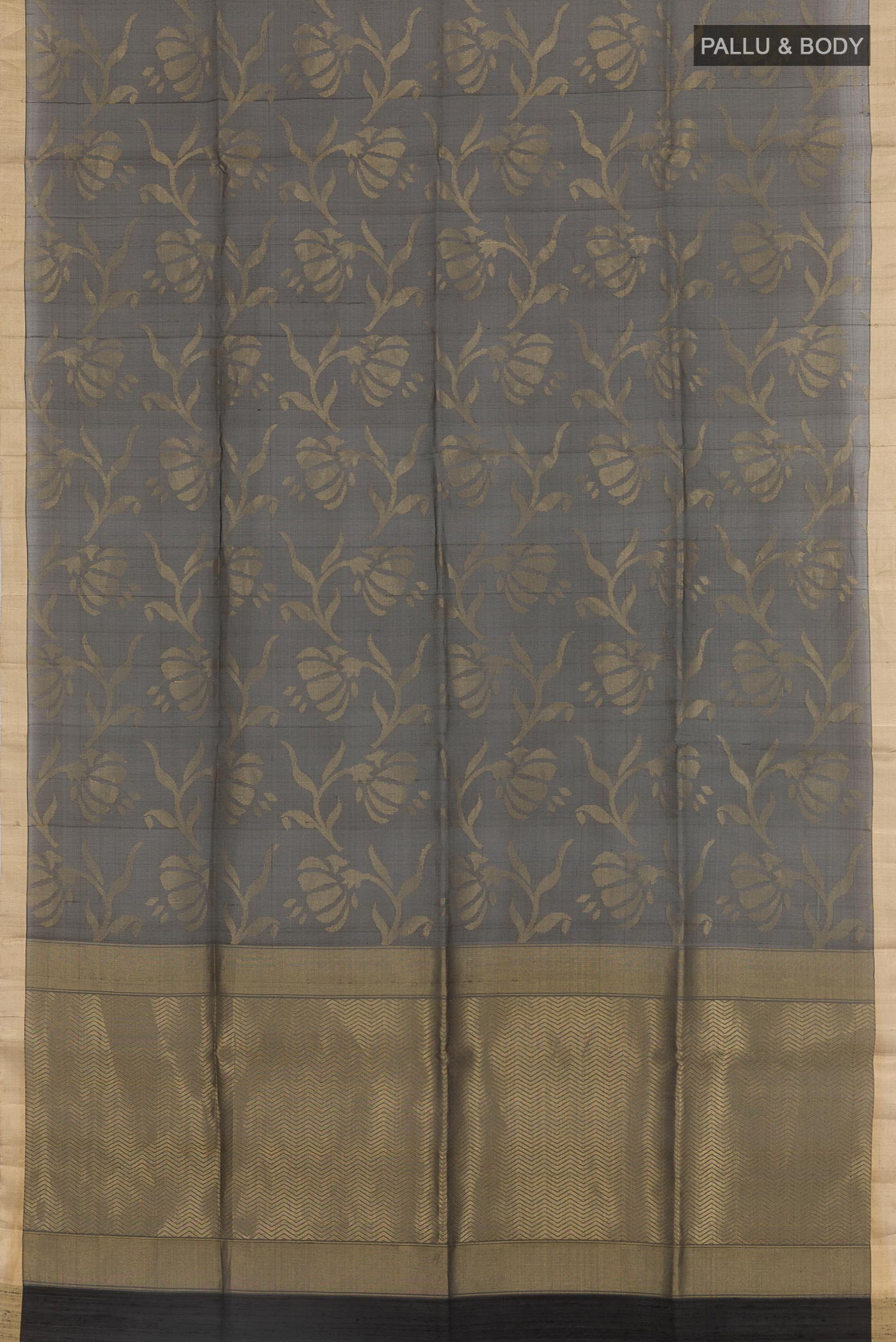 Flat view of Black Raw Silk Saree with Plain Body and Zari Border. 