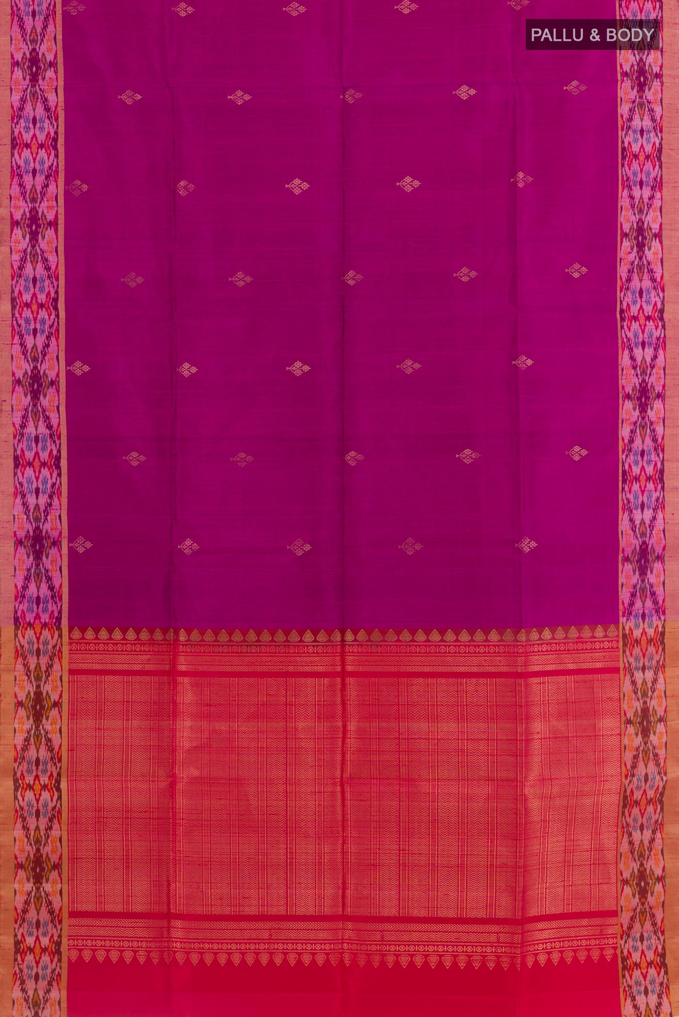 Flat view of Purple Raw Silk Saree with Zari Butta on the body and Zari Border. 