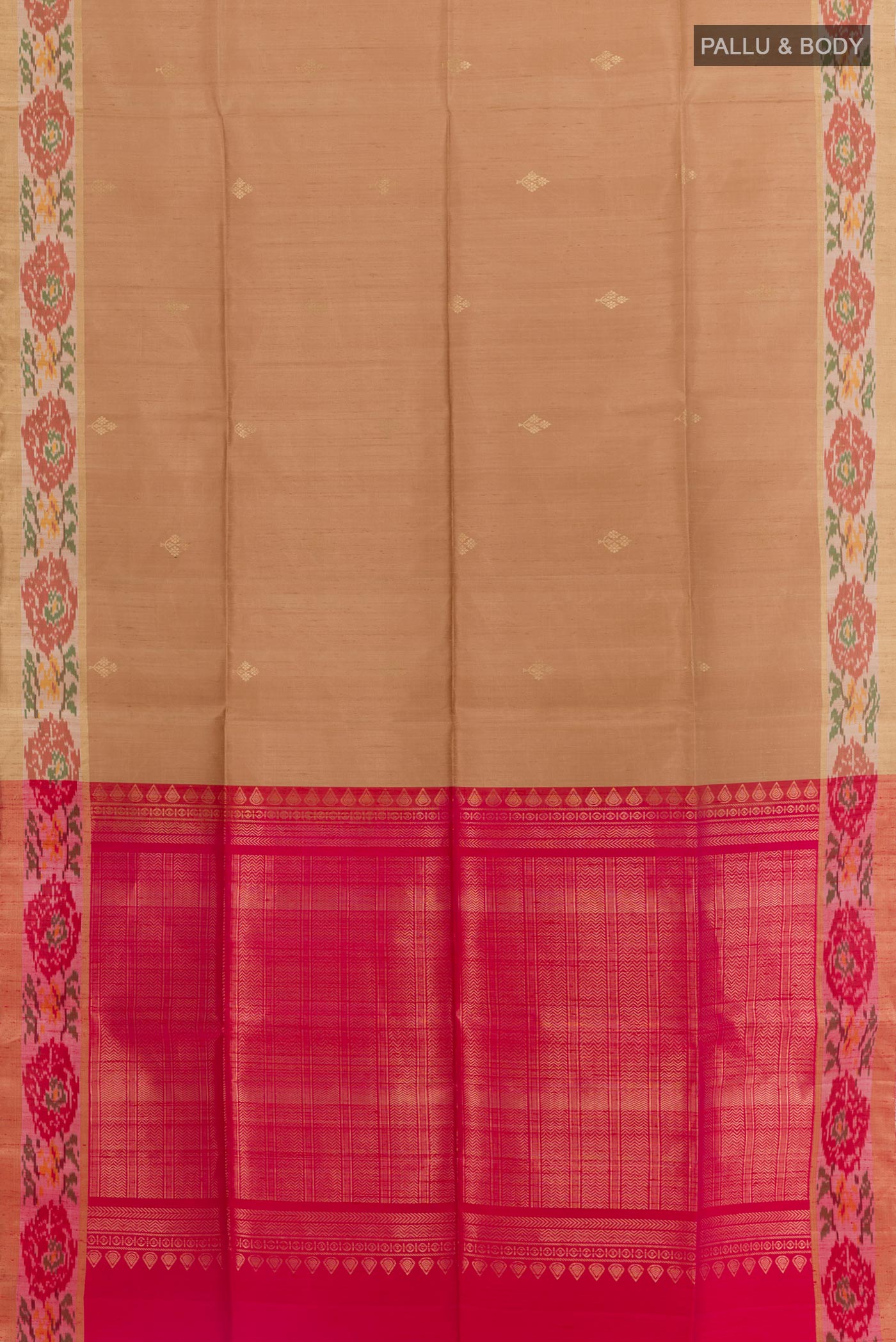 Flat view of Beige Raw Silk Saree with Zari Butta on the body and Zari Border. 