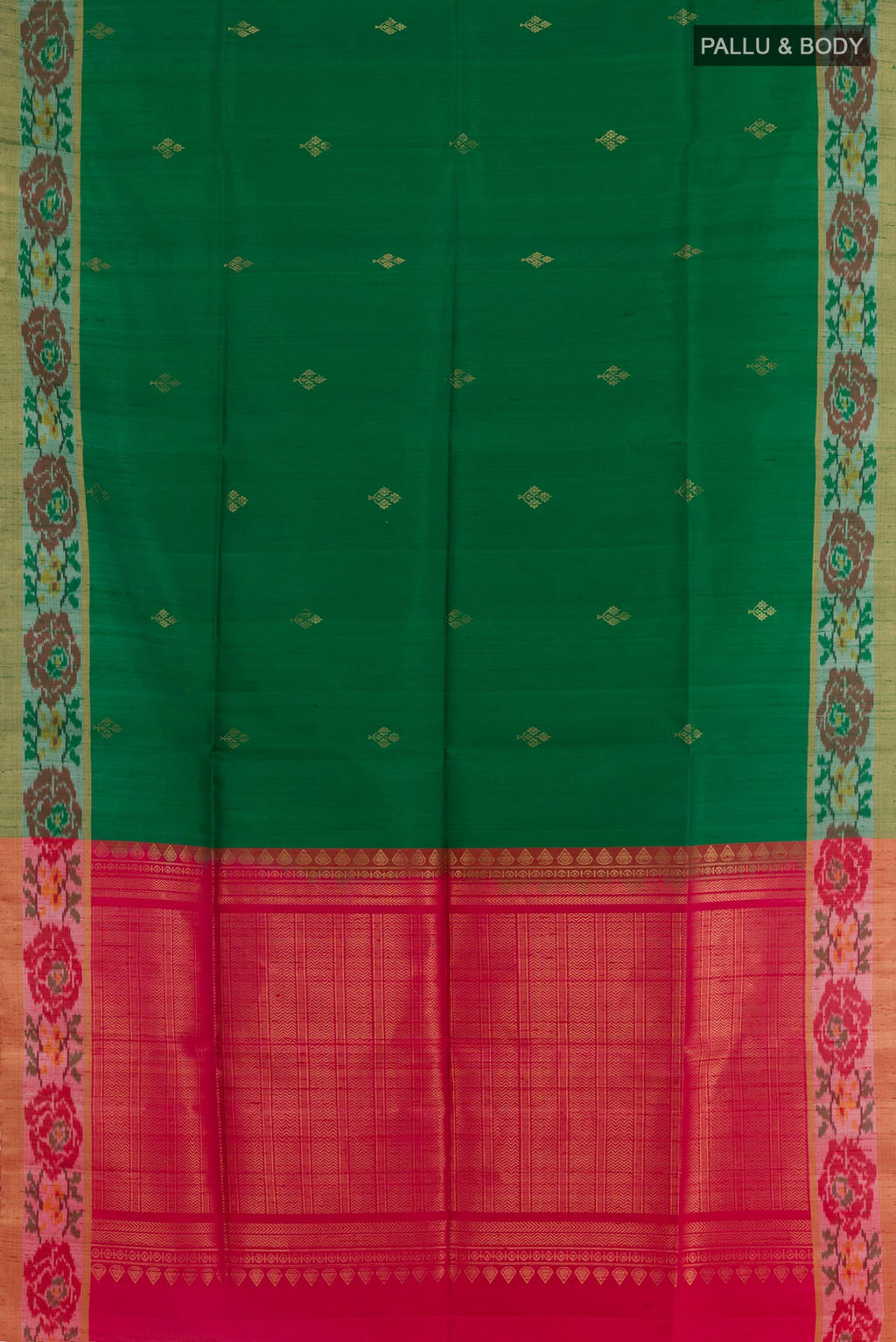 Flat view of Green Raw Silk Saree with Zari Butta on the body and Zari Border. 