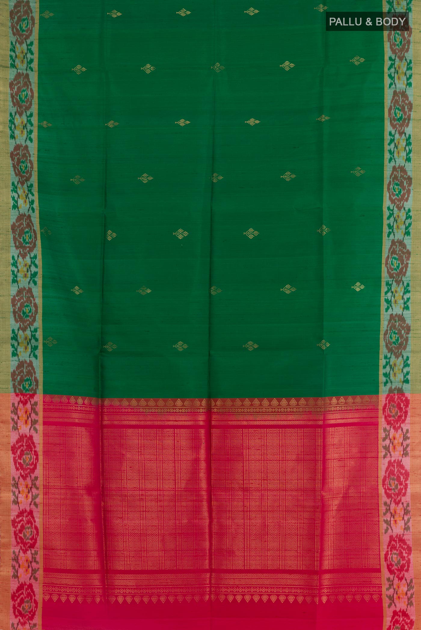 Flat view of Green Raw Silk Saree with Zari Butta on the body and Zari Border. 