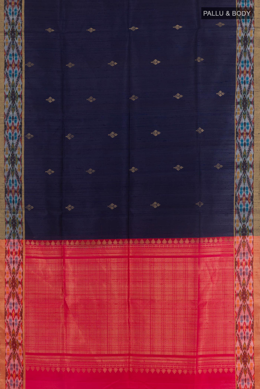 Flat view of Blue Raw Silk Saree with Zari Butta on the body and Zari Border. 