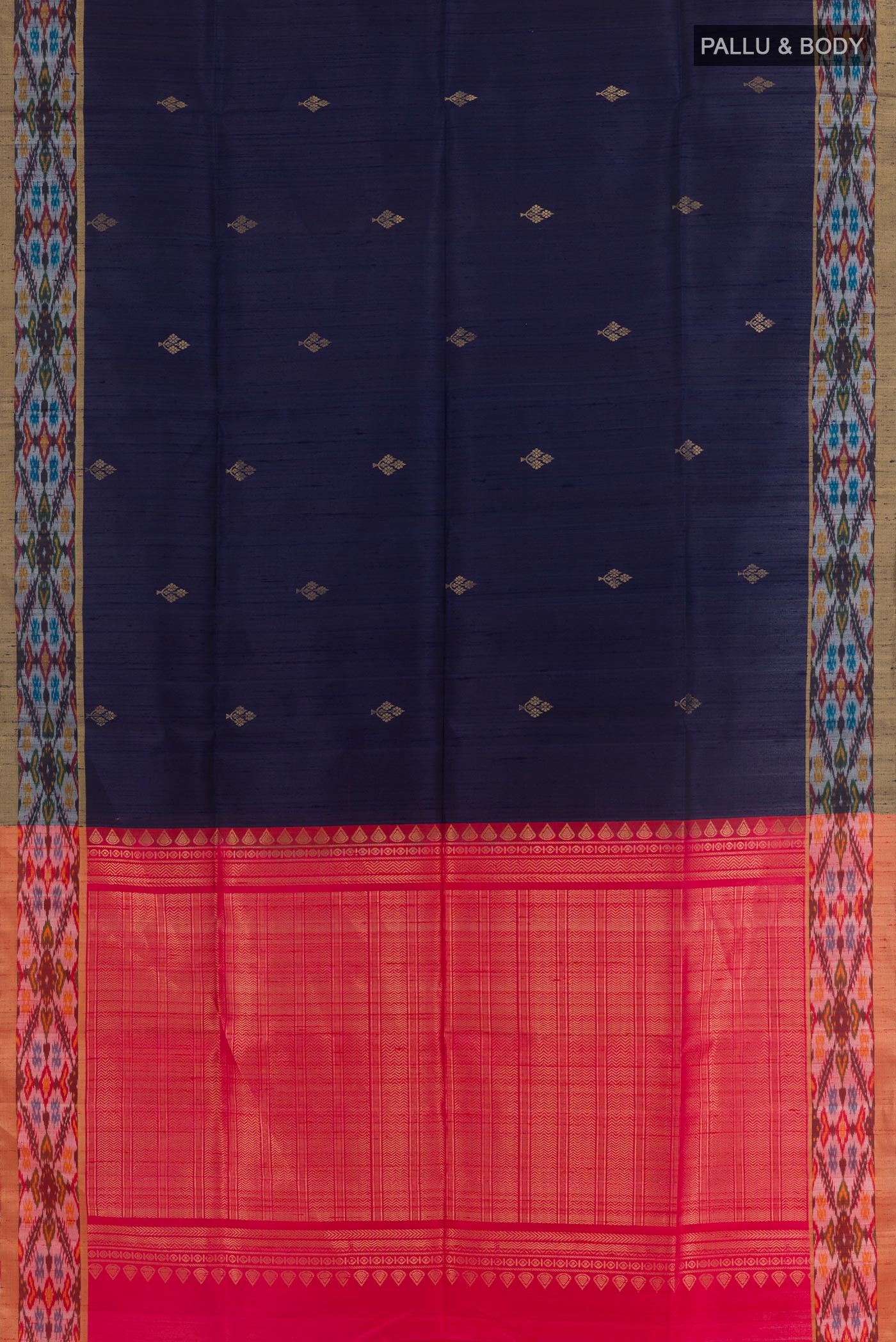 Flat view of Blue Raw Silk Saree with Zari Butta on the body and Zari Border. 