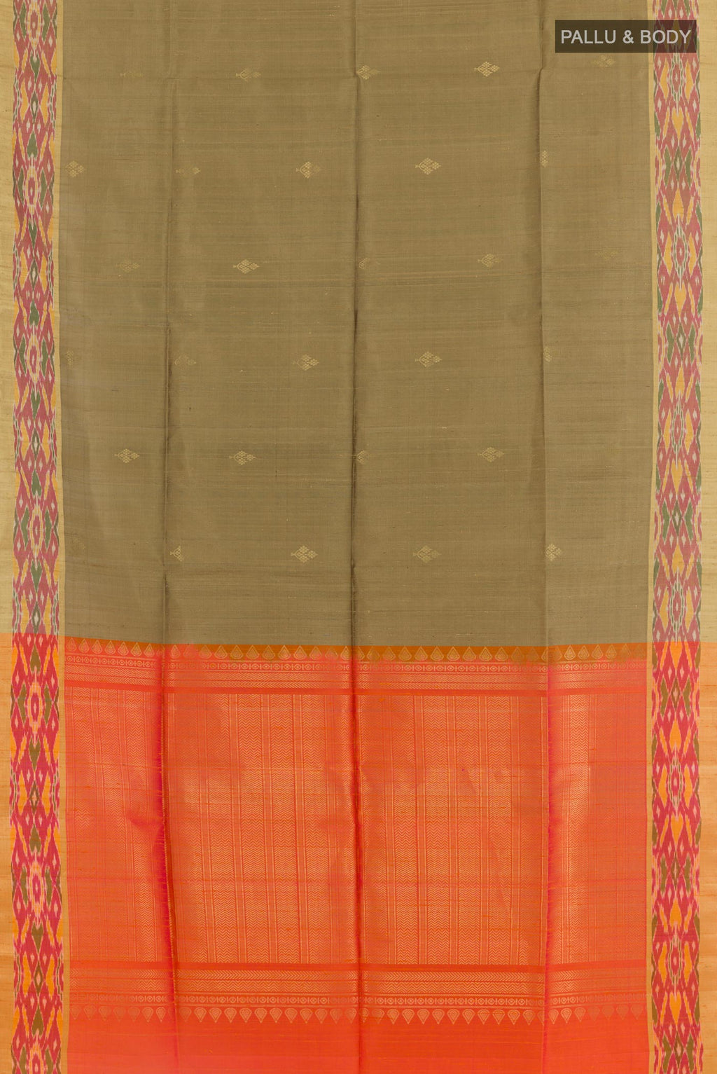 Flat view of Beige Raw Silk Saree with Zari Butta on the body and Zari Border. 