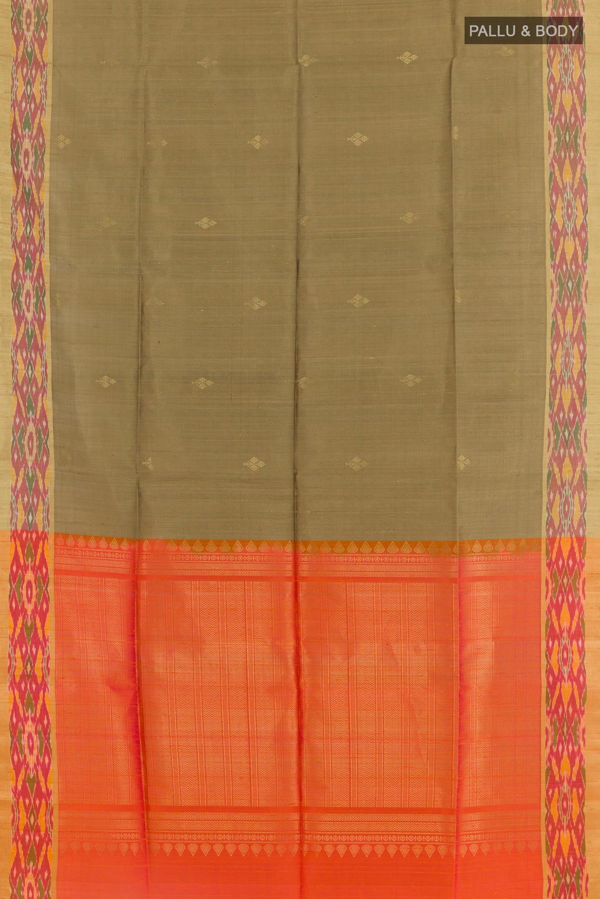 Flat view of Beige Raw Silk Saree with Zari Butta on the body and Zari Border. 