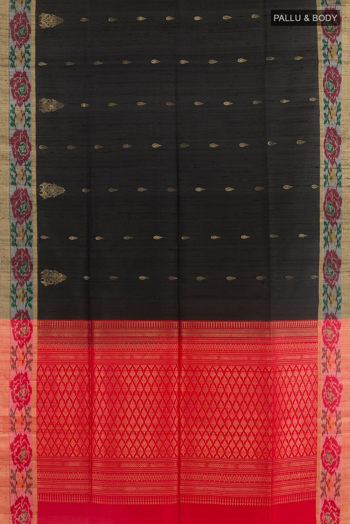 Flat view of Black Raw Silk Saree with Zari Butta on the body and Zari Border. 