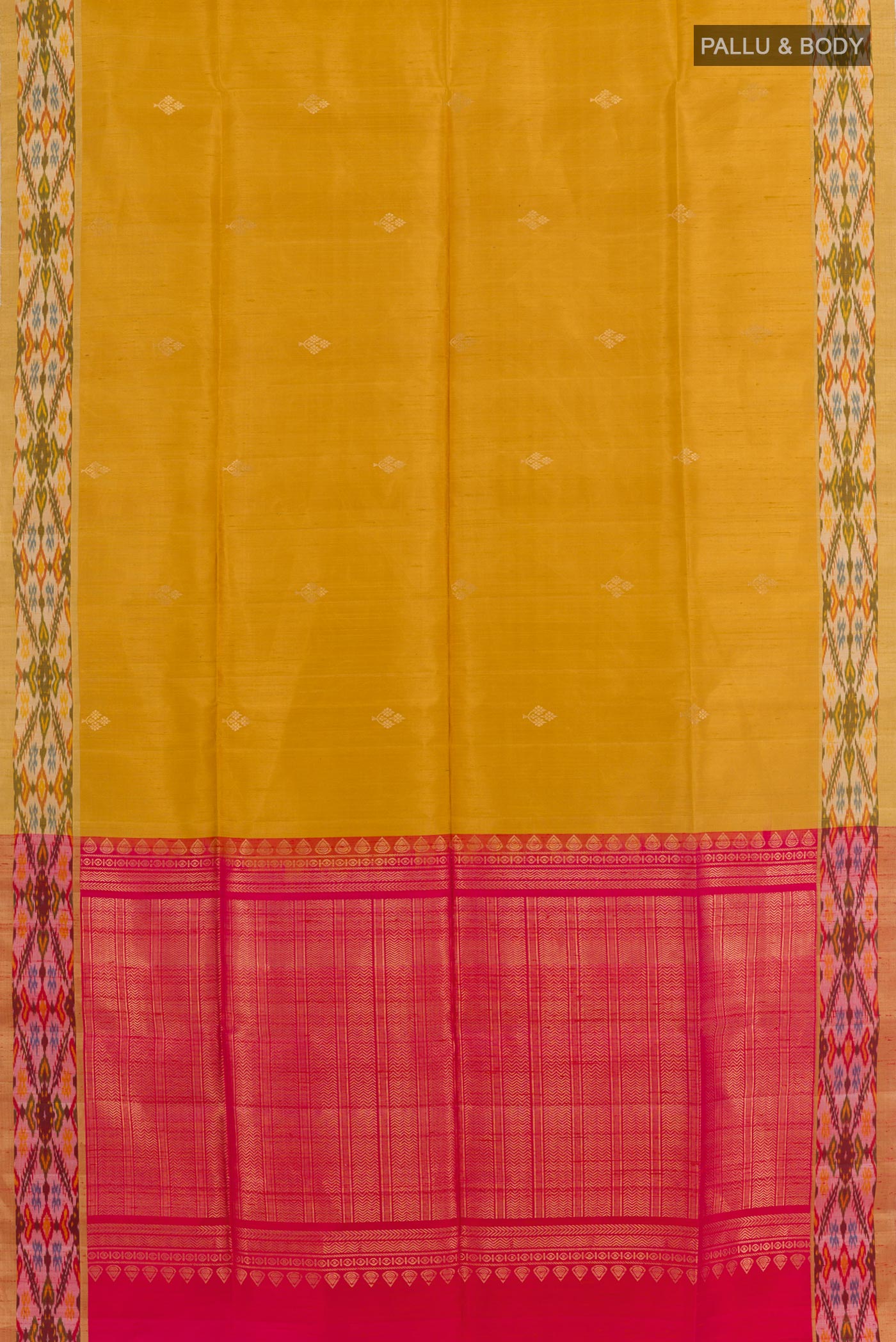 Flat view of Yellow Raw Silk Saree with Zari Butta on the body and Zari Border. 