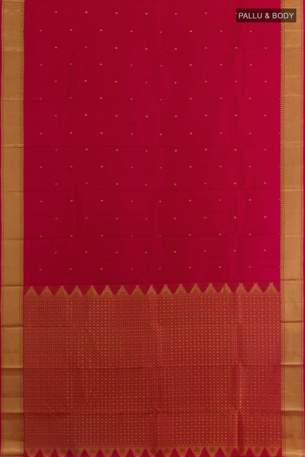 Flat view of Maroon Kanjivaram Silk Saree with Zari Butta on the body and Zari Border. 