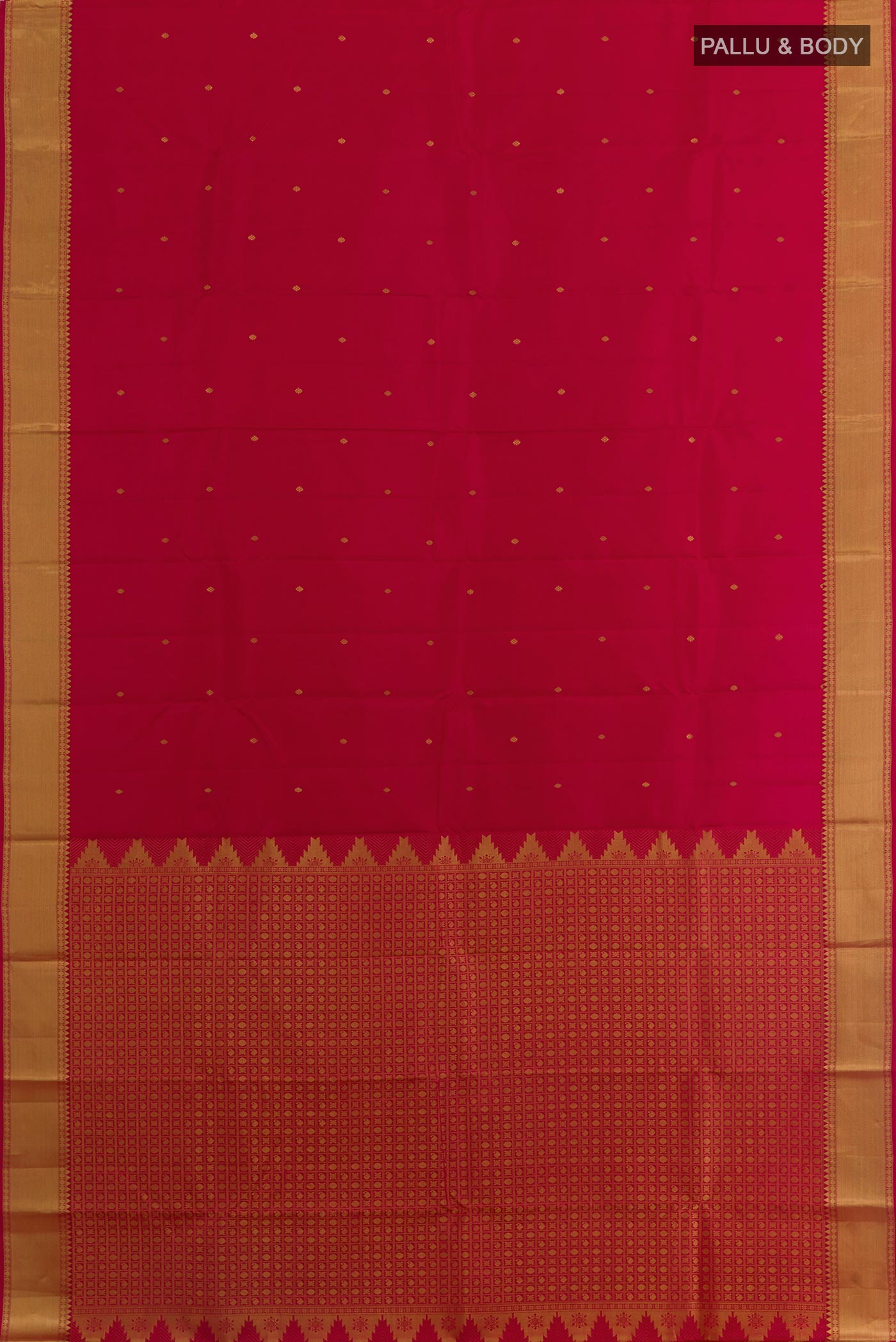 Flat view of Maroon Kanjivaram Silk Saree with Zari Butta on the body and Zari Border. 