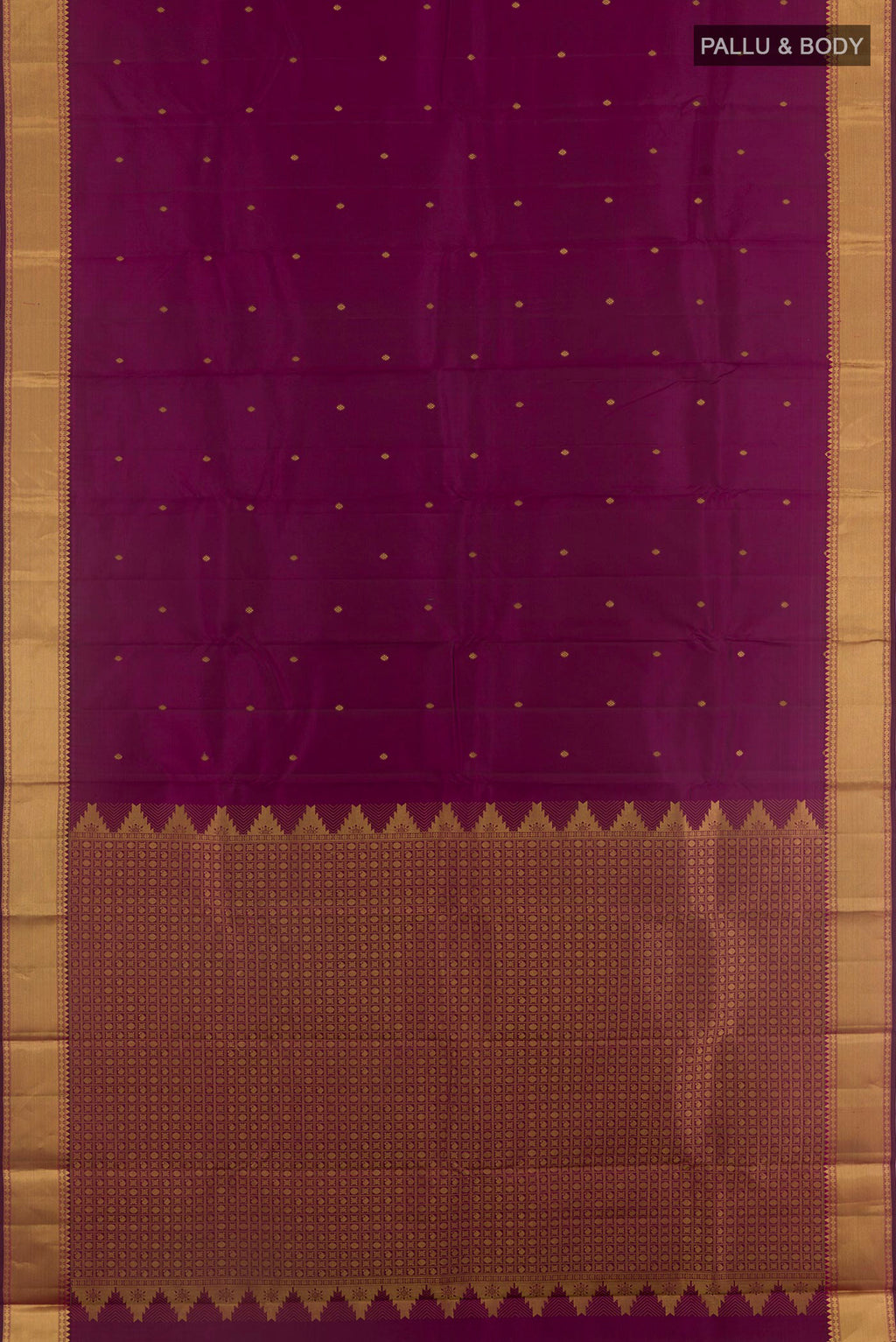 Flat view of Purple Kanjivaram Silk Saree with Zari Butta on the body and Zari Border. 