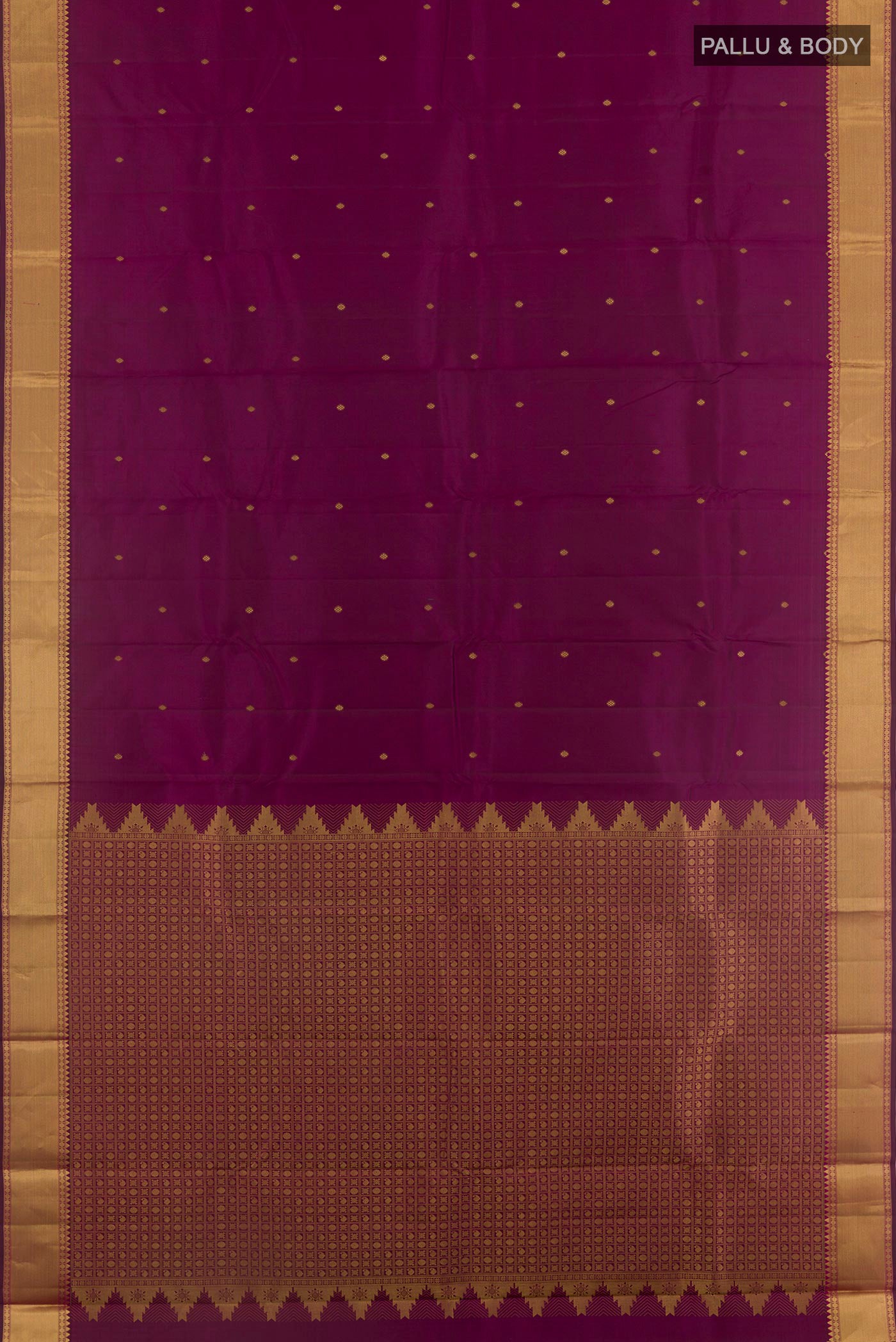 Flat view of Purple Kanjivaram Silk Saree with Zari Butta on the body and Zari Border. 